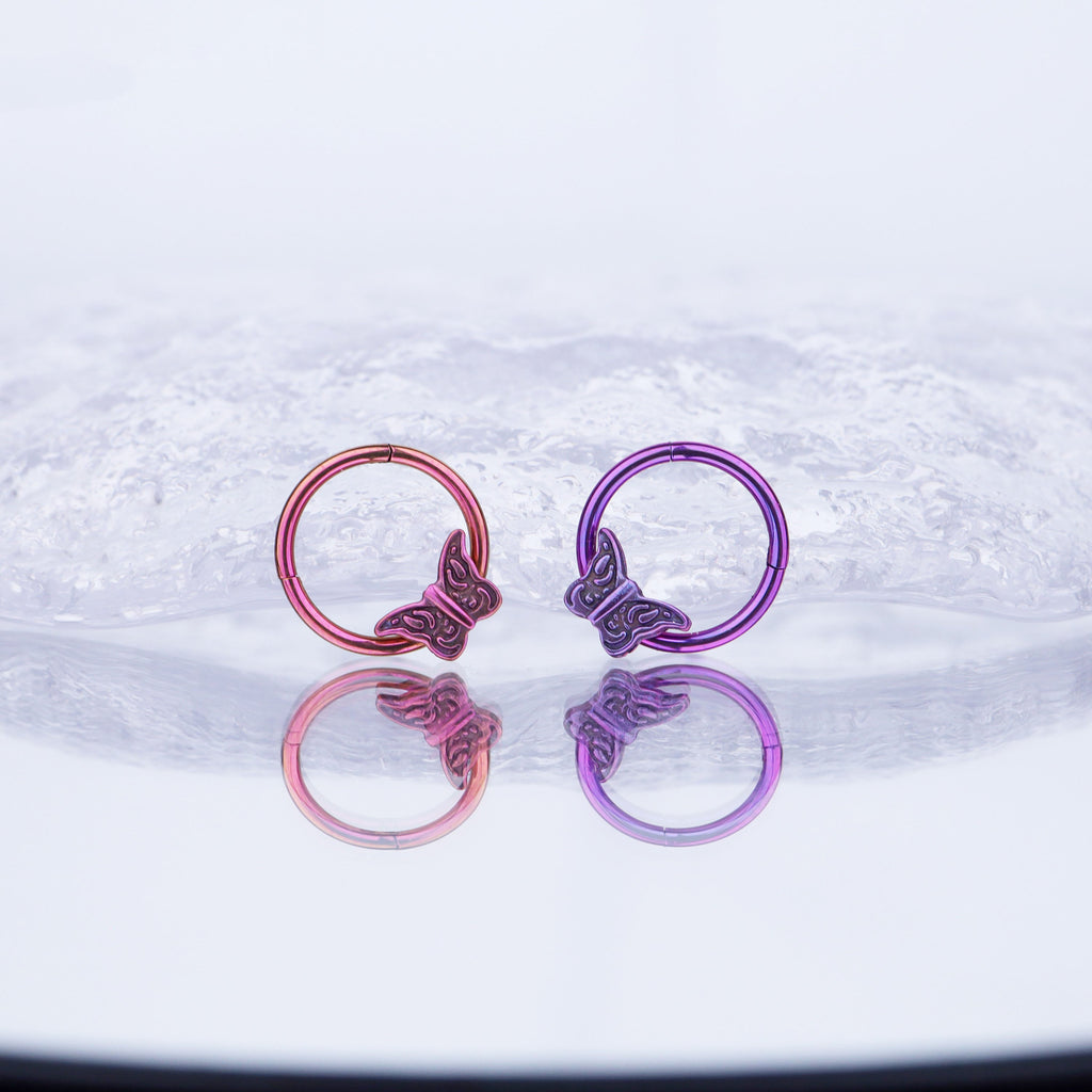16G Engraved Butterfly Titanium Segment Hoop - 16G Engraved Butterfly Titanium Segment Hoop - Purple / 8mm by CRUXJEWELRY