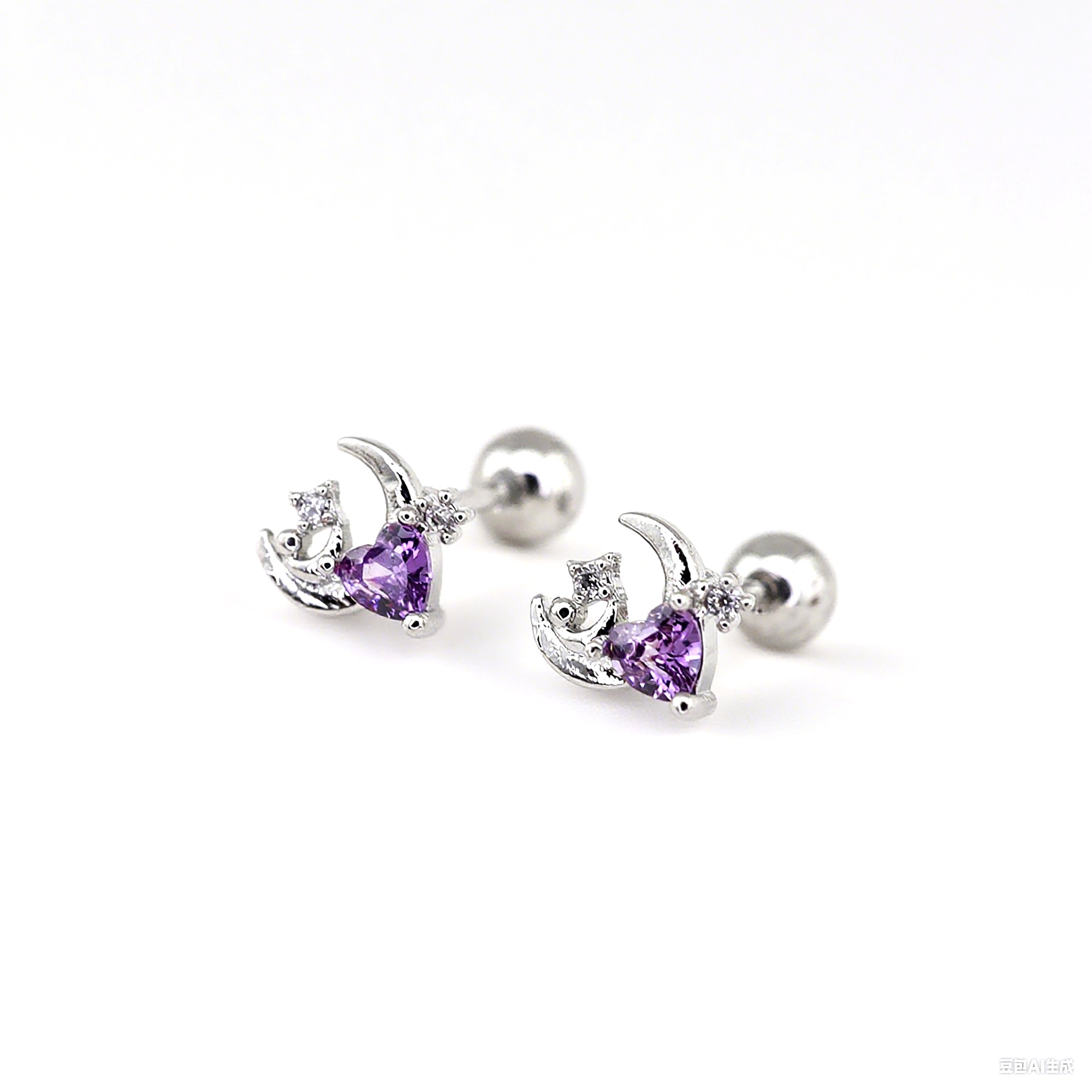 PAIR OF 20G Thin Star Moon Heart CZ Ear Studs - PAIR OF 20G Thin Star Moon Heart CZ Ear Studs - Purple by CRUXJEWELRY