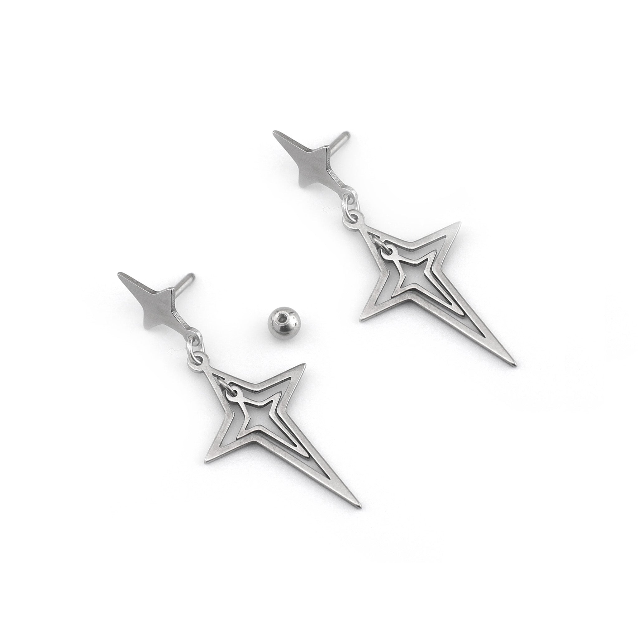 Double Layer Openwork Four-Point Star Dangle Stainless Steel Ear Studs - Double Layer Openwork Four-Point Star Dangle Stainless Steel Ear Studs - Set by CRUXJEWELRY