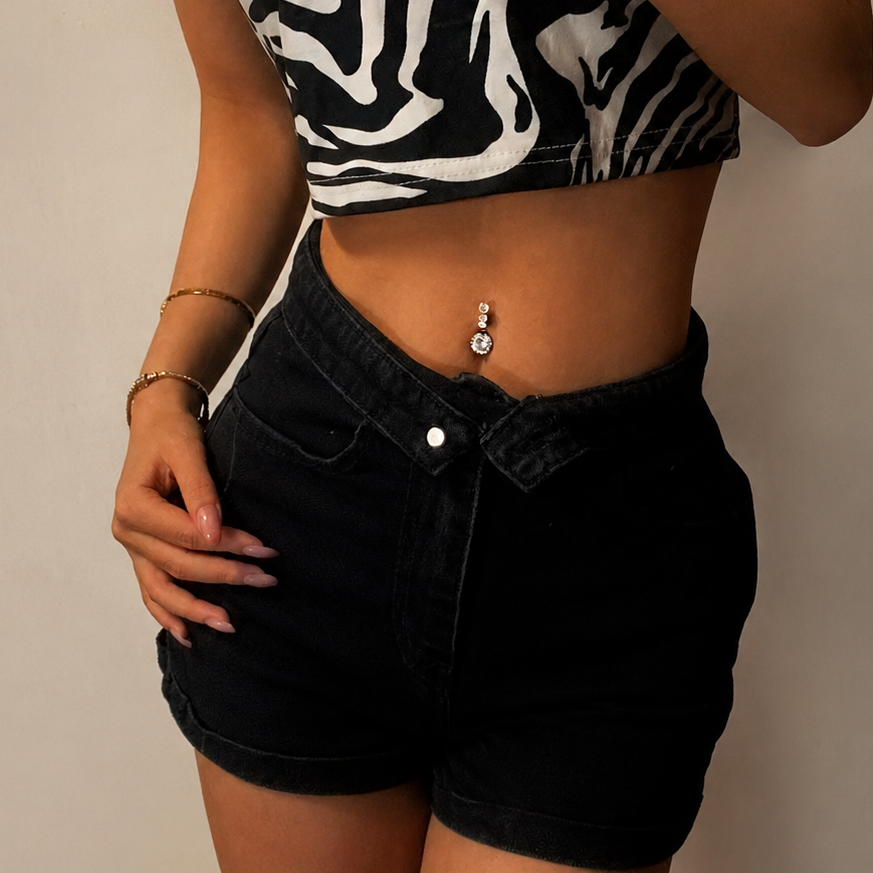 Sterling Titanium Vintage Navel Ring with Four-Zirconia