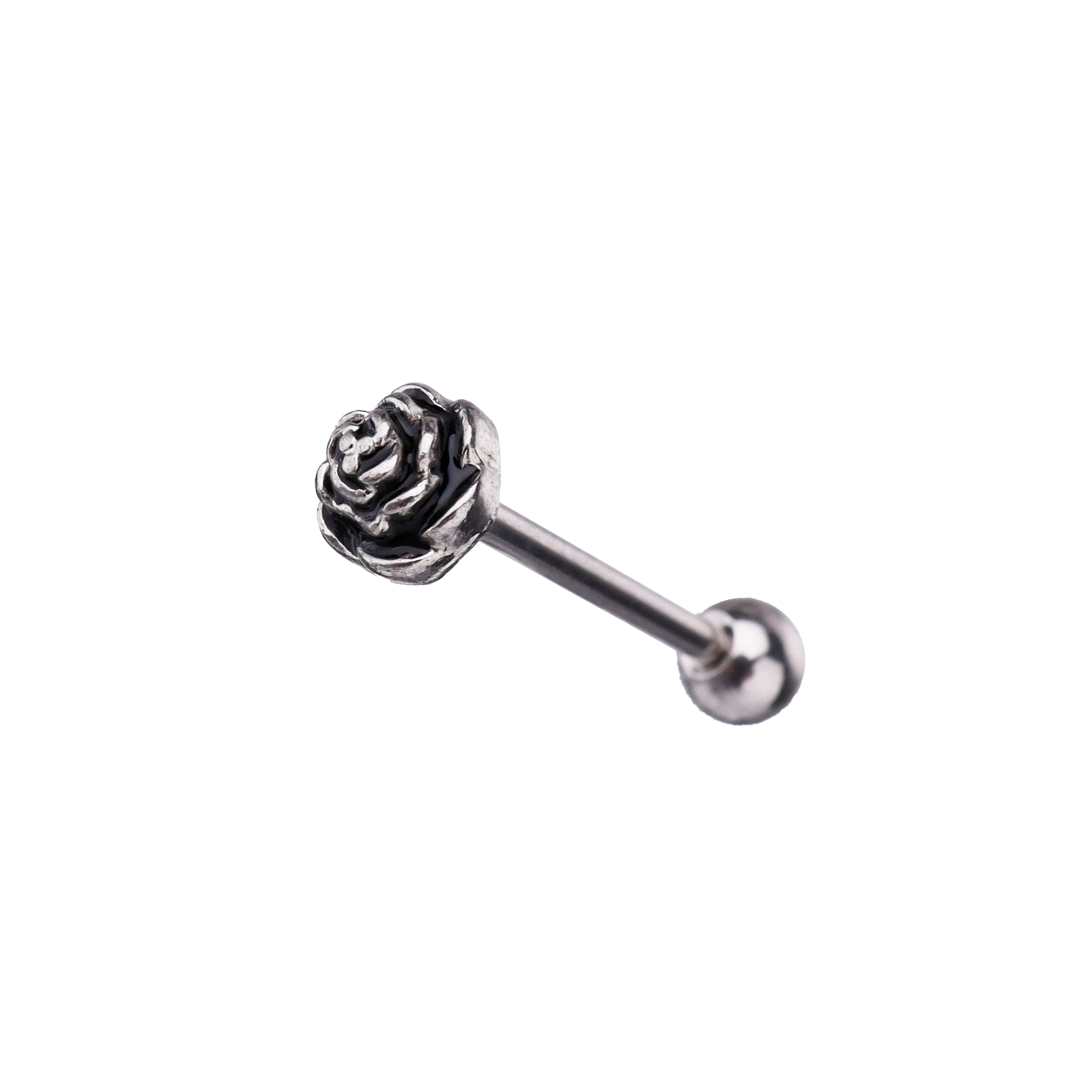 3D Rose Sterling Silver Tongue Stud - 3D Rose Sterling Silver Tongue Stud - 14 mm by CRUXJEWELRY
