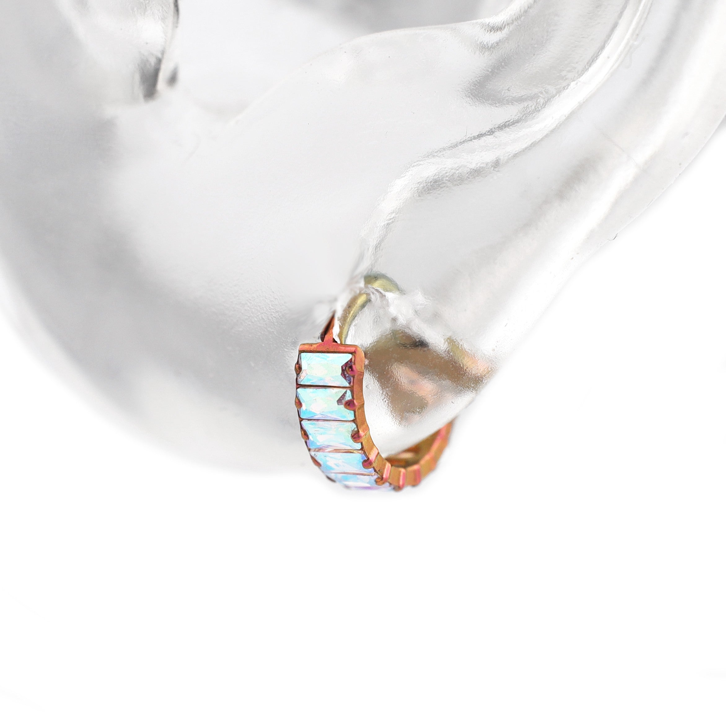 Iridescent Chunky Iced Out Square CZ Titanium Lobe Ring - Iridescent Chunky Iced Out Square CZ Titanium Lobe Ring - AB Coating by CRUXJEWELRY