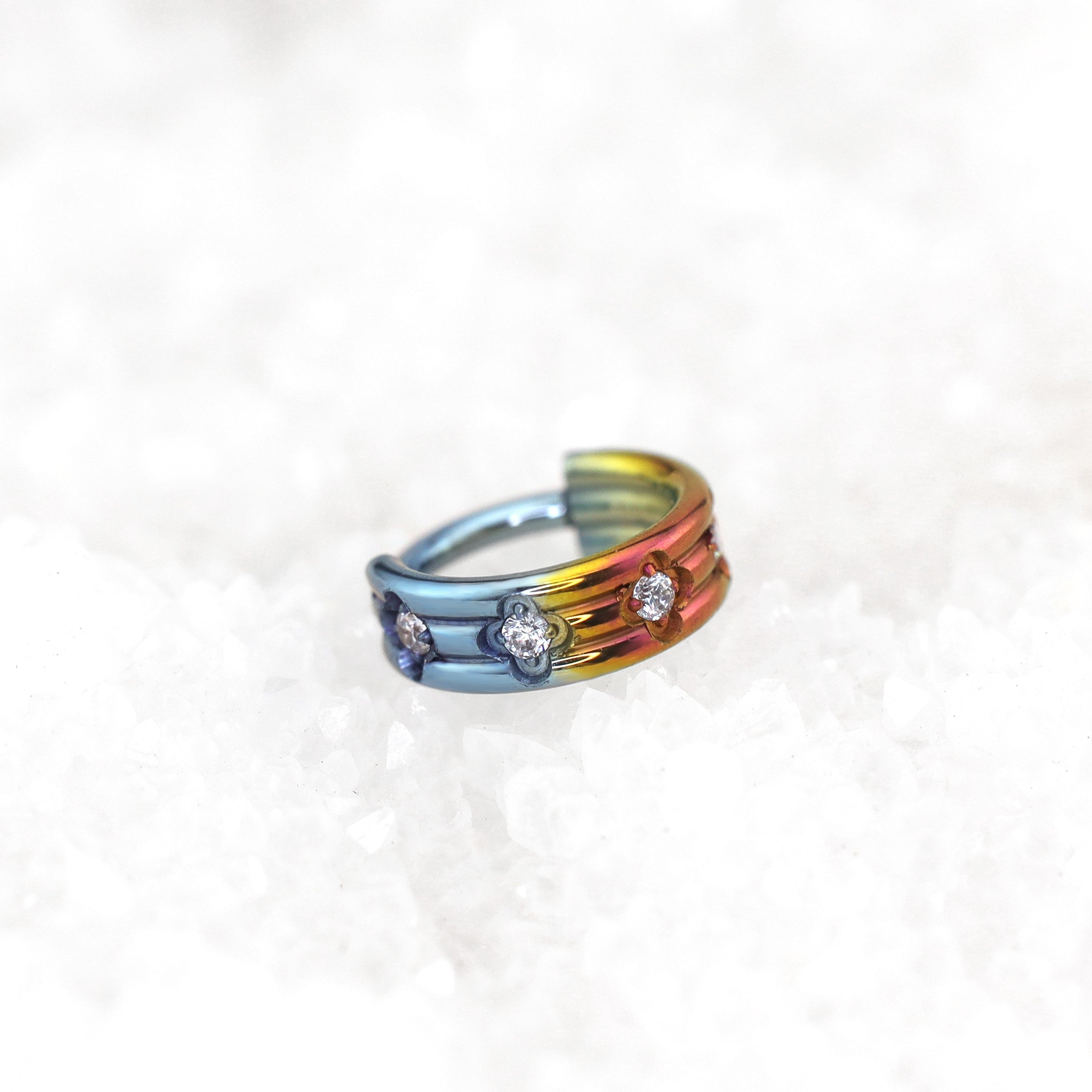 16G Three Row Triple Segment CZ Titanium Ring - 16G Three Row Triple Segment CZ Titanium Ring - Rainbow by CRUXJEWELRY