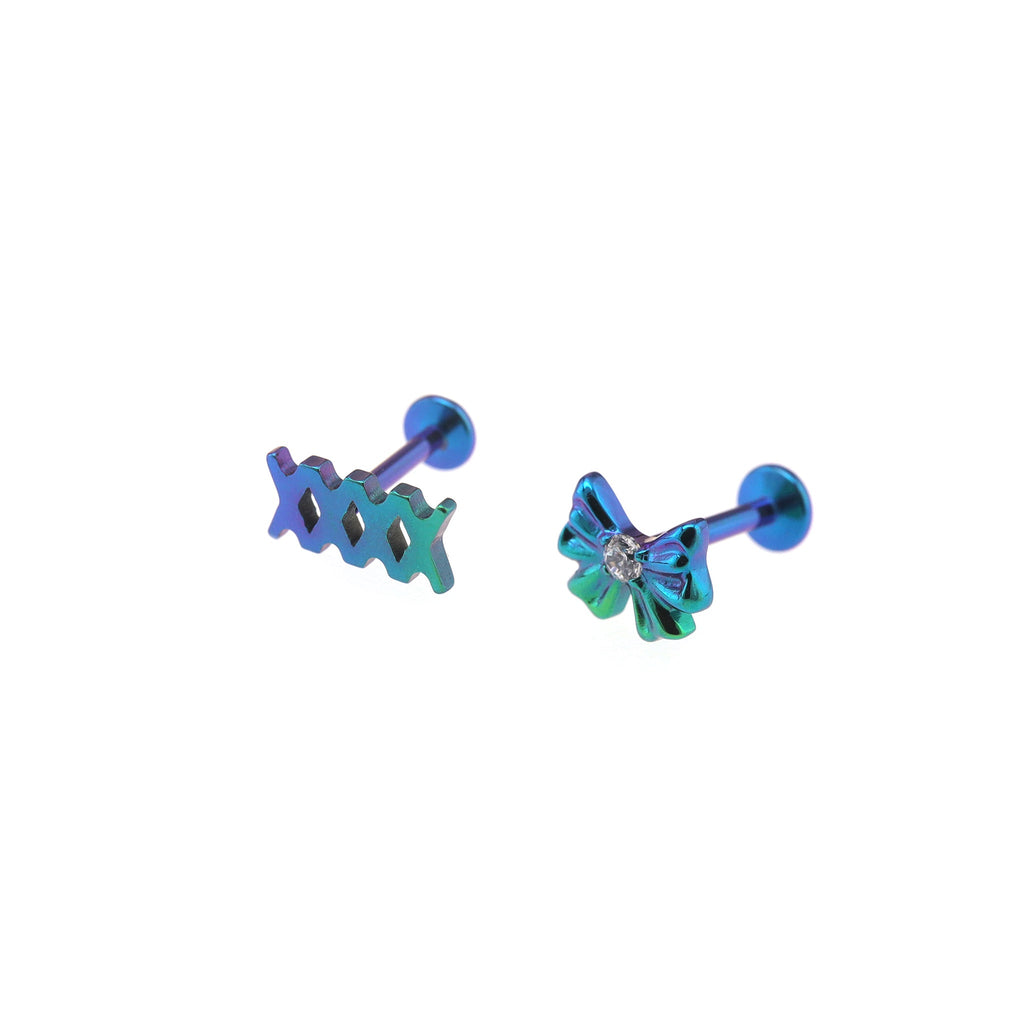 Bandage Bow CZ Titanium Ear Studs - Bandage Bow CZ Titanium Ear Studs - Blue-Green Gradient / Set by CRUXJEWELRY