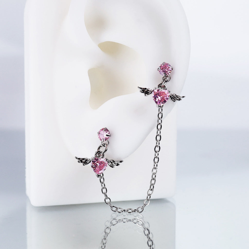 Double CZ Wing Stainless Steel Ear Chain - Double CZ Wing Stainless Steel Ear Chain - Pink by CRUXJEWELRY