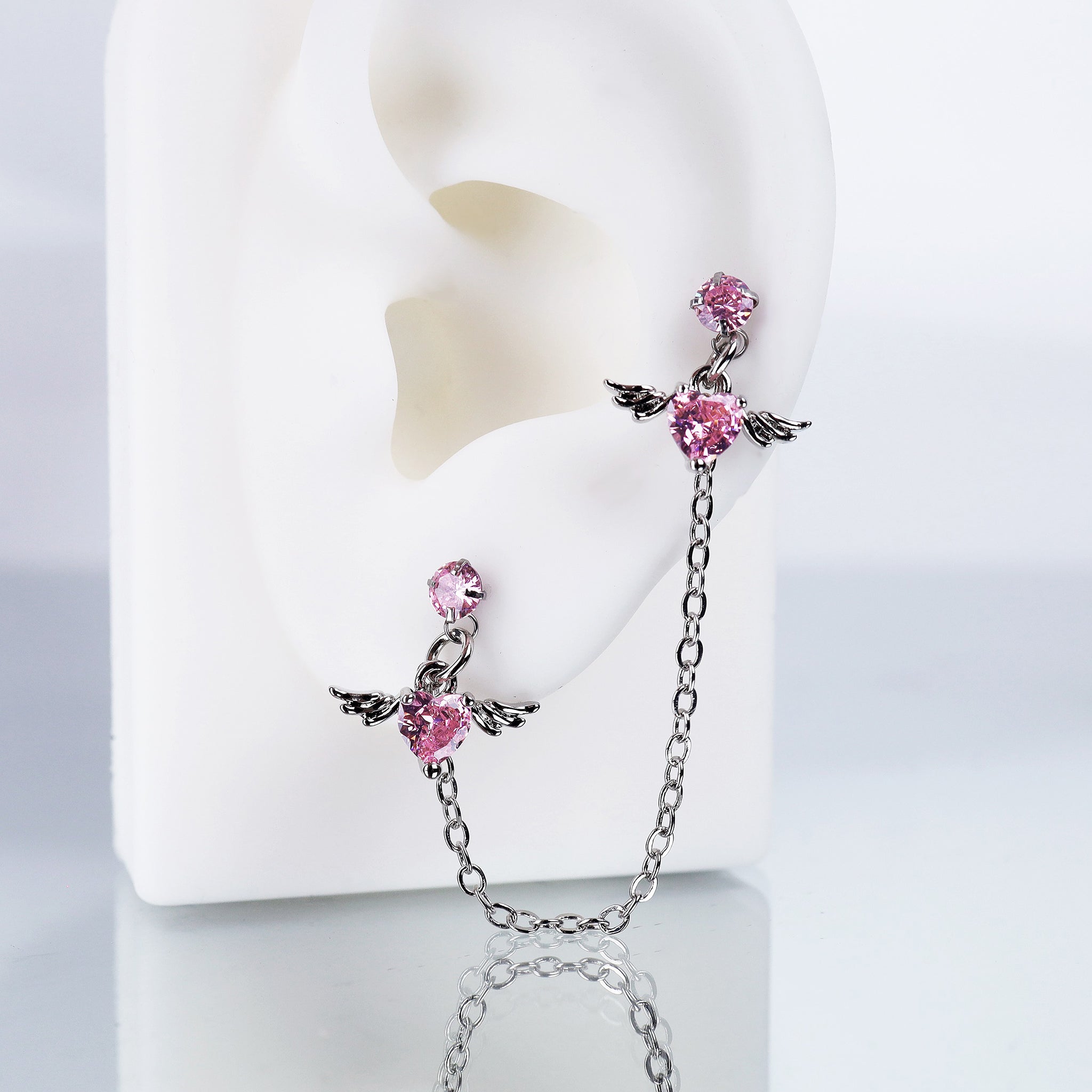 Double CZ Wing Stainless Steel Ear Chain - Double CZ Wing Stainless Steel Ear Chain - Pink by CRUXJEWELRY
