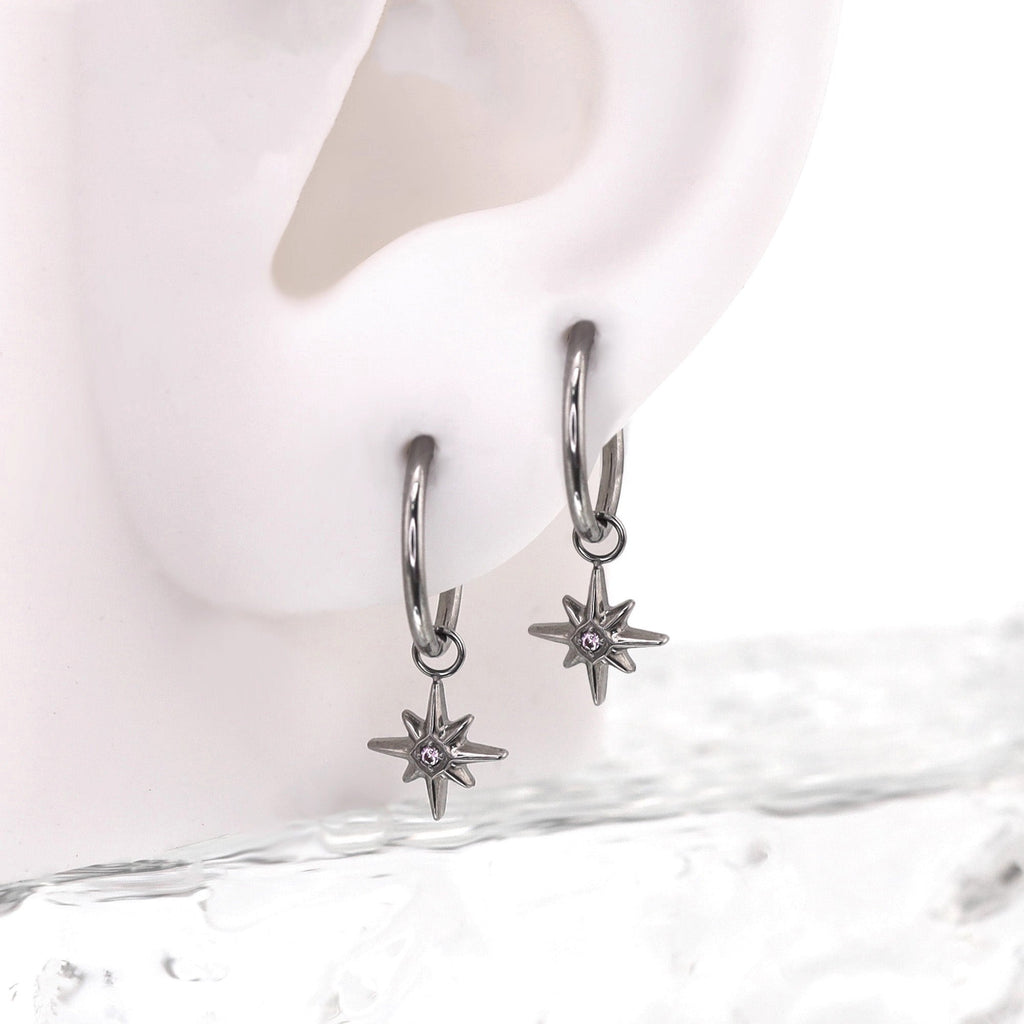 Octagram CZ Pendant Titanium Segment Hoop - Octagram CZ Pendant Titanium Segment Hoop - Sliver / 6mm by CRUXJEWELRY