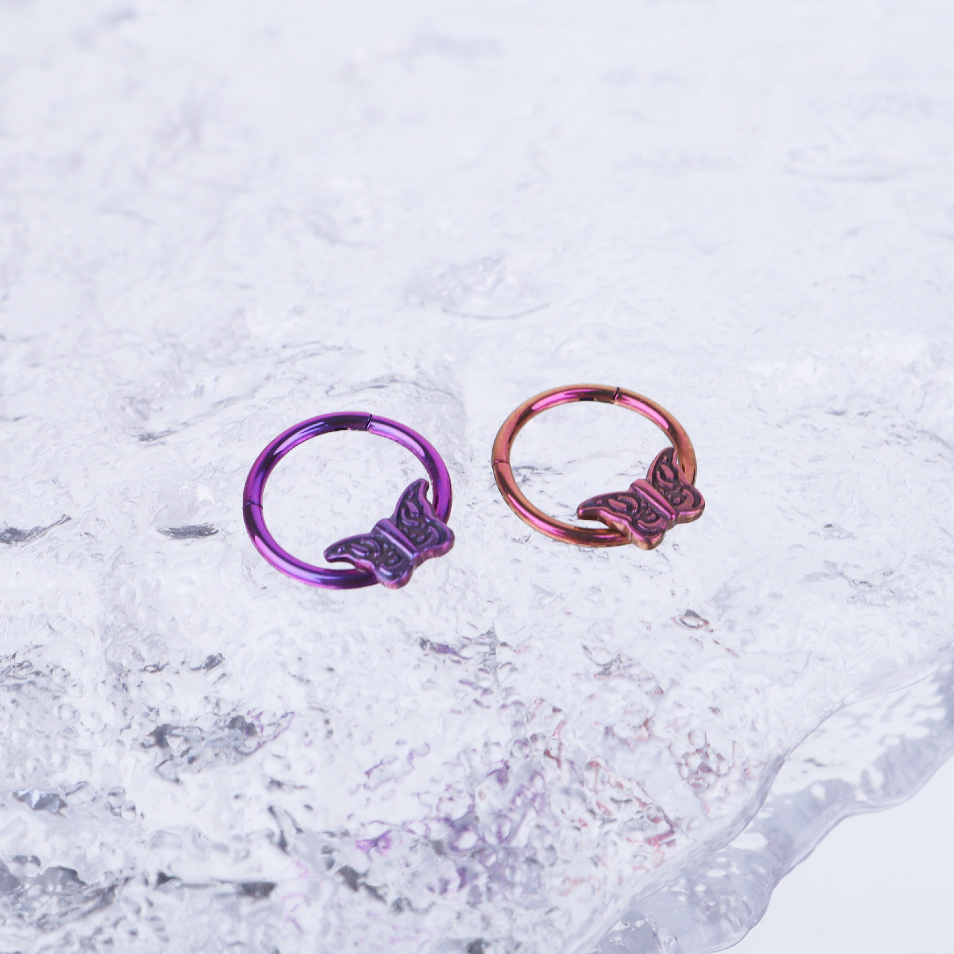 16G Engraved Butterfly Titanium Segment Hoop - 16G Engraved Butterfly Titanium Segment Hoop - Purple / 8mm by CRUXJEWELRY