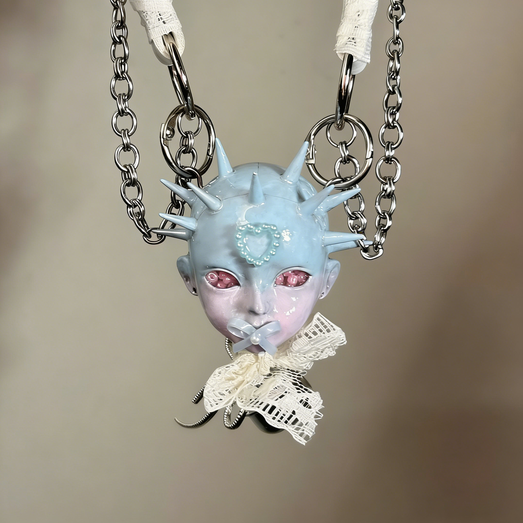 Pastel Goth Ice Blue Spiked Doll Face Choker with White Lace & Ribbon Pacifier