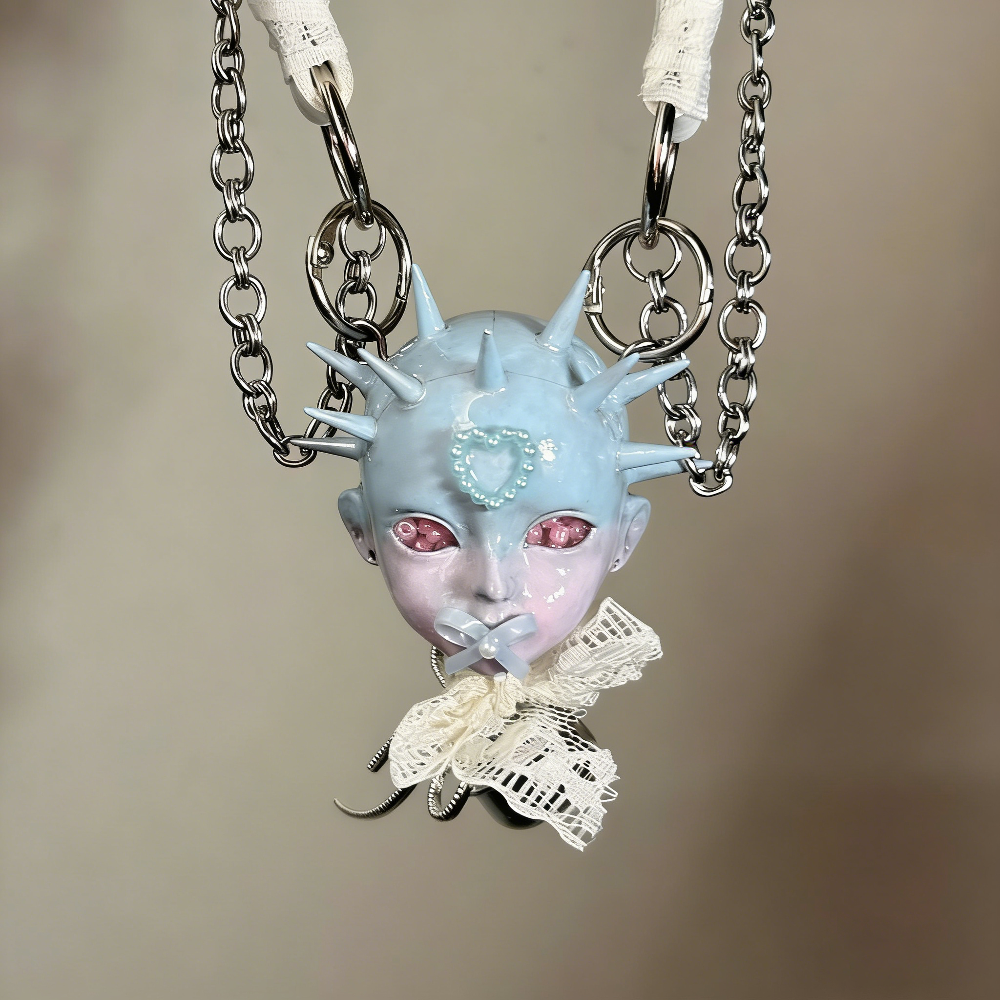 Pastel Goth Ice Blue Spiked Doll Face Choker with White Lace & Ribbon Pacifier