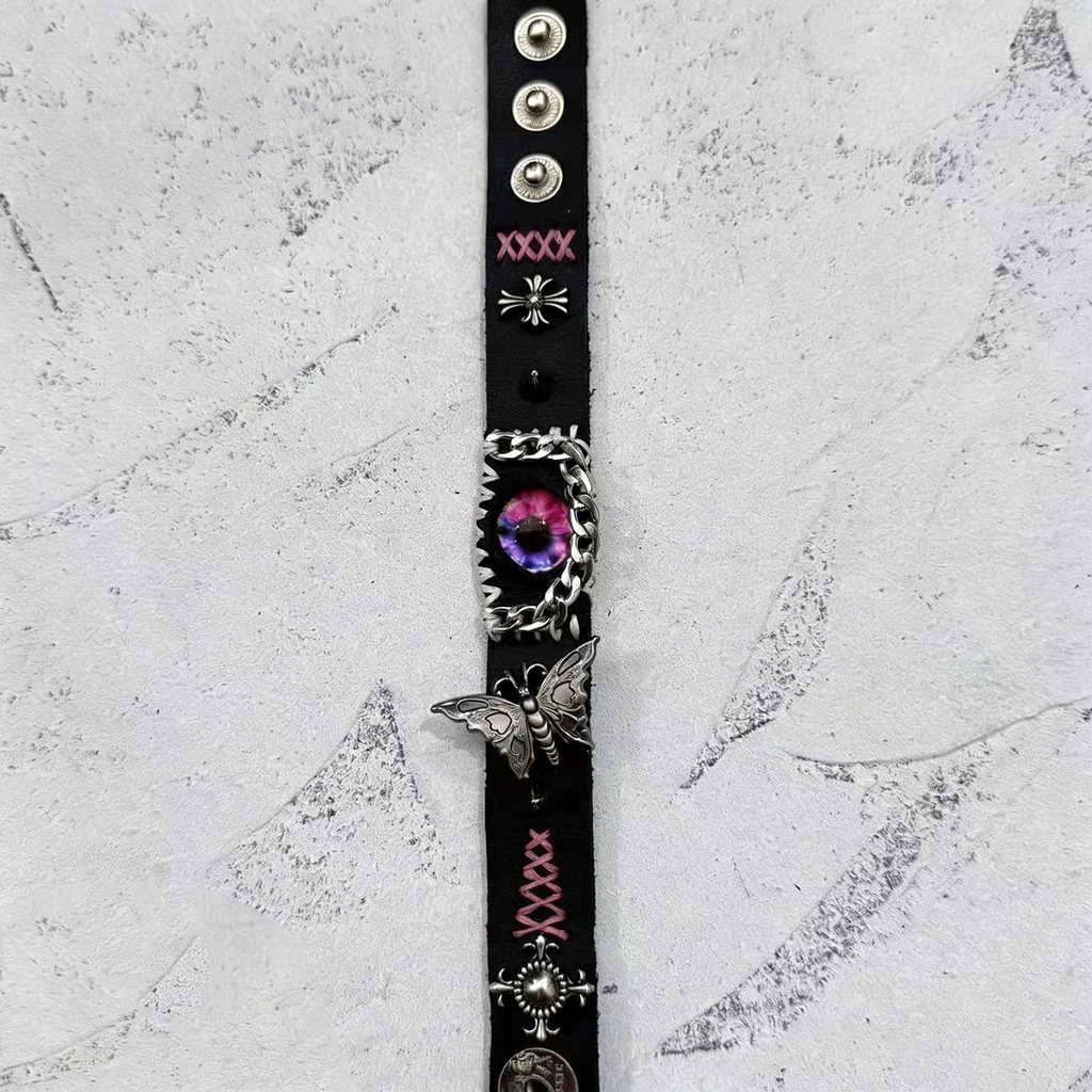 Gothic Black Leather Bracelet with Pink Stitching - Pink Dragon Eye & Silver Moth Cuff - Cross Charm - Pastel Goth Aesthetic