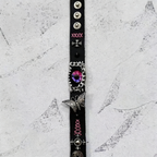 Gothic Black Leather Bracelet with Pink Stitching - Pink Dragon Eye & Silver Moth Cuff - Cross Charm - Pastel Goth Aesthetic