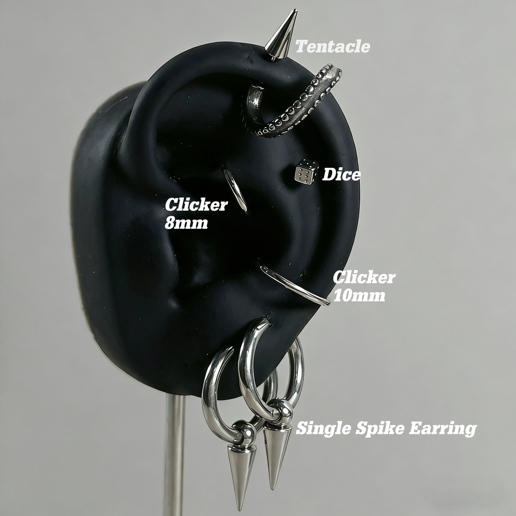 Cyberpunk Spiked Tentacle & Dice Ear Stack Silver Earring Set