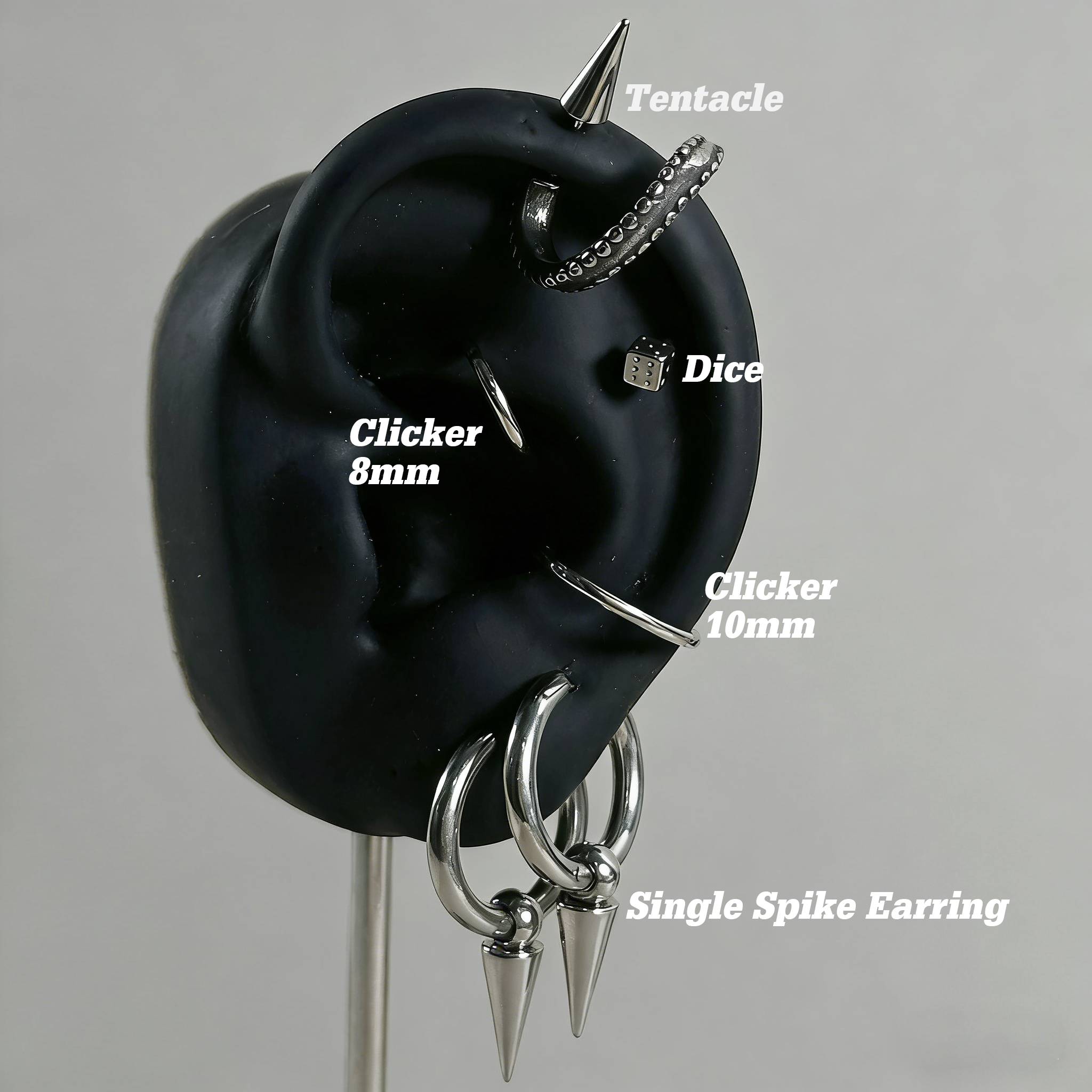 Cyberpunk Spiked Tentacle & Dice Ear Stack Silver Earring Set