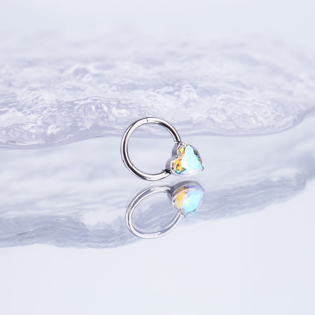 Heart-shaped CZ Stainless Steel Segment Hoop - Heart-shaped CZ Stainless Steel Segment Hoop - AB Coating / 8 mm by CRUXJEWELRY