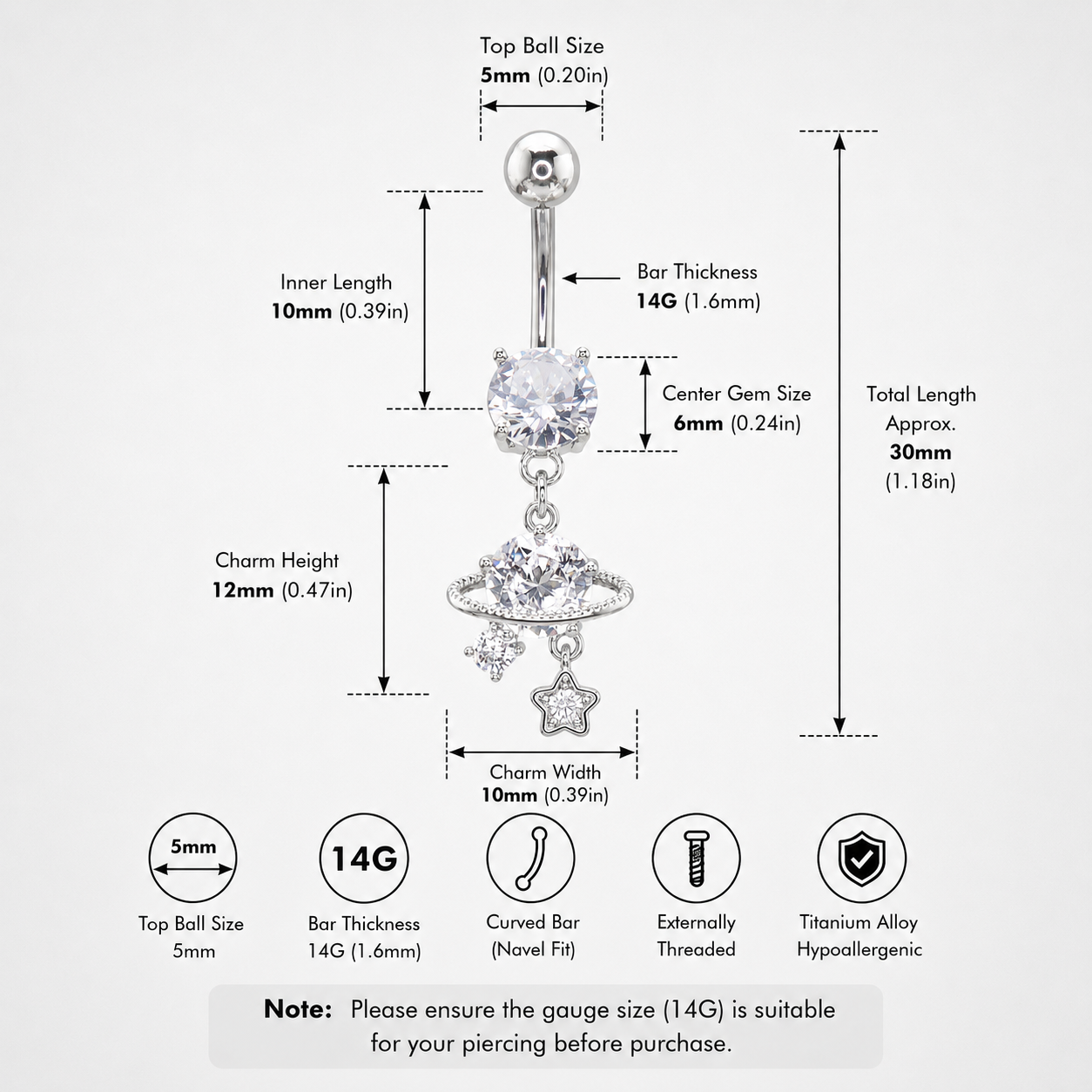 Saturn CZ Pendant Belly Ring