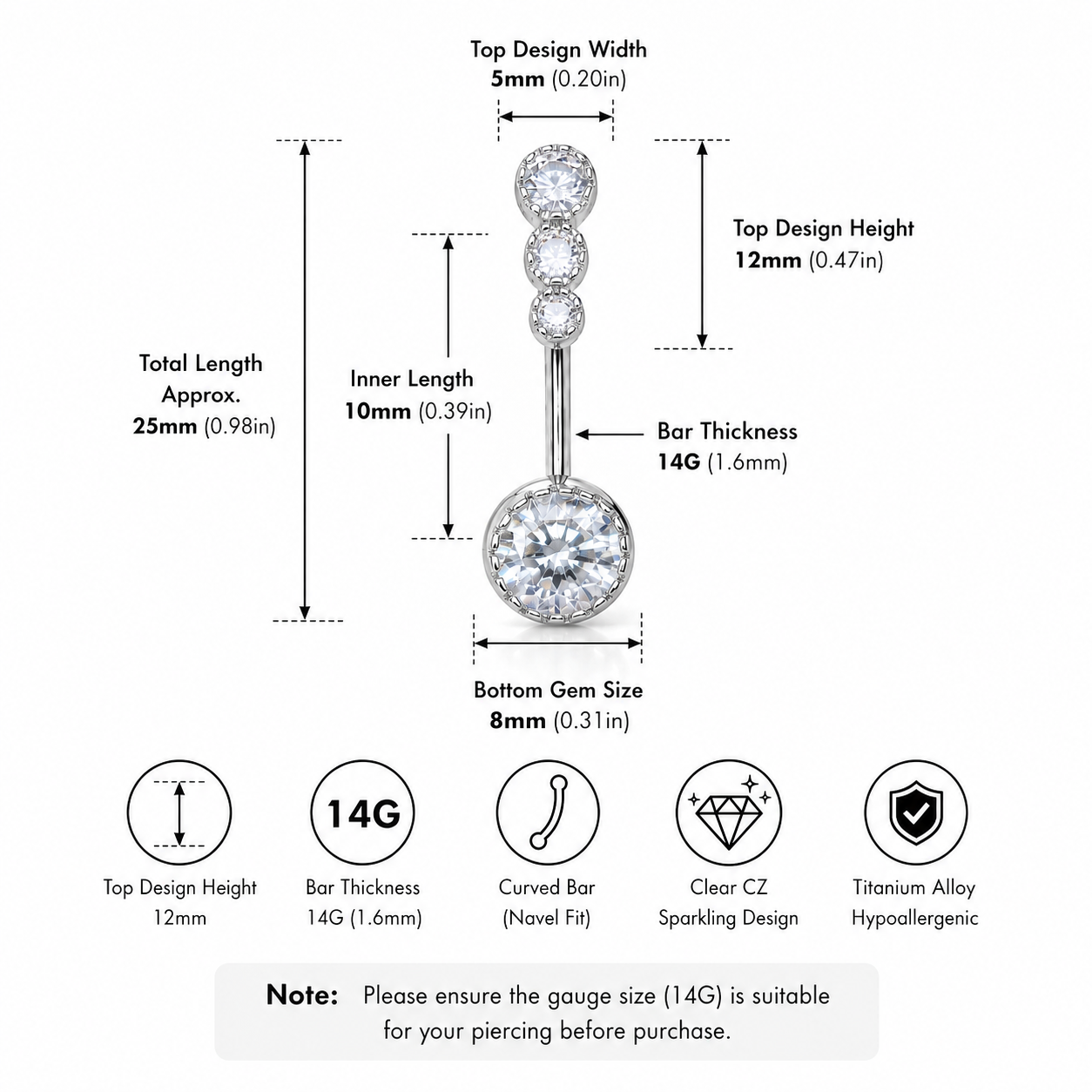 Sterling Titanium Vintage Navel Ring with Four-Zirconia