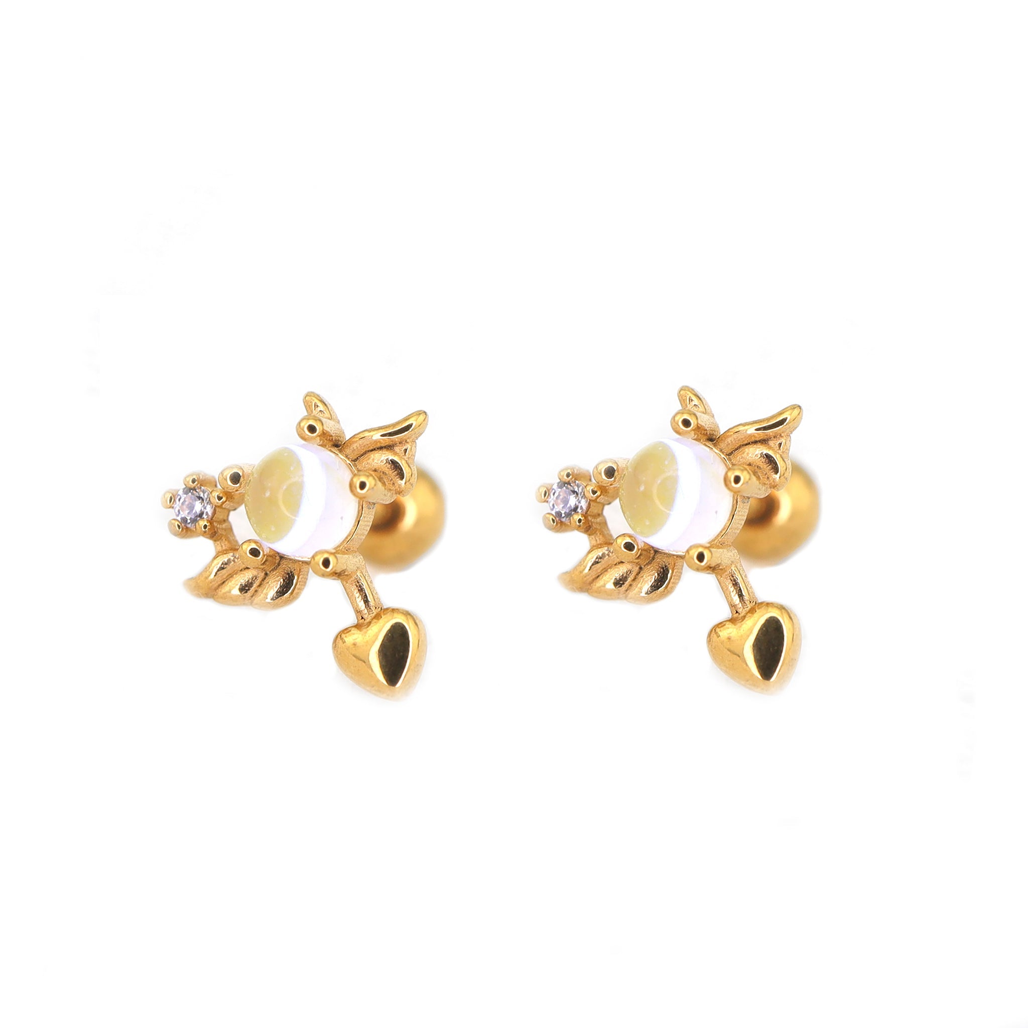 Heart Opal Wing stainless steel Ear Stud - Heart Opal Wing stainless steel Ear Stud - Set / gold by CRUXJEWELRY