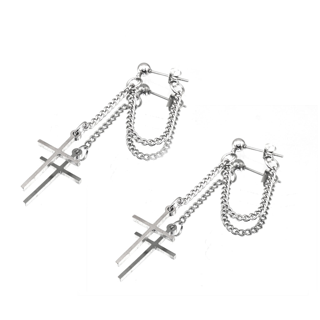 Silver & Black Cross Drop Chain Stainless steel Ear Studs - Silver & Black Cross Drop Chain Stainless steel Ear Studs - Sliver / Set by CRUXJEWELRY