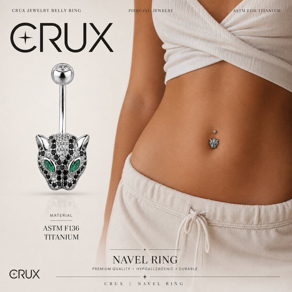 Bauchnabelpiercing mit Leopardenkopf-Motiv und Zirkonia aus 925er Sterlingsilber 