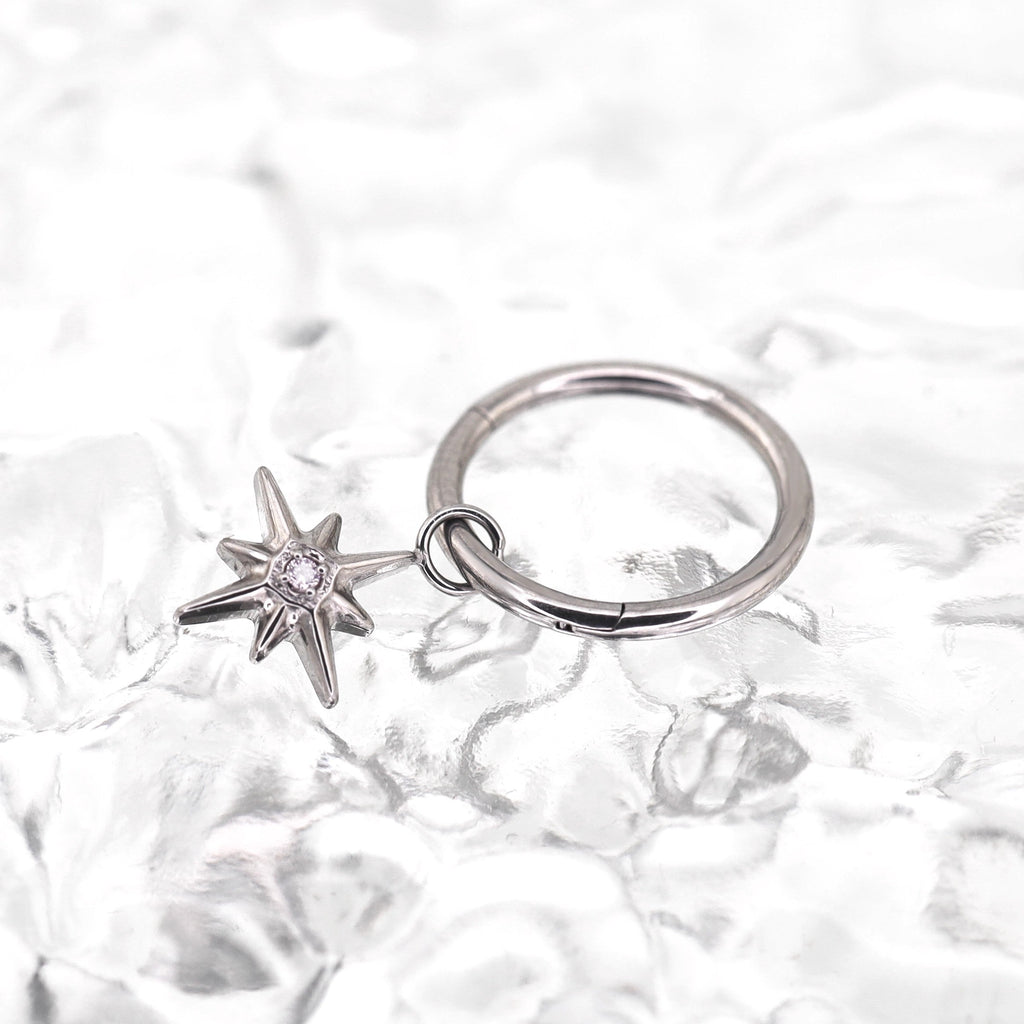 Octagram CZ Pendant Titanium Segment Hoop - Octagram CZ Pendant Titanium Segment Hoop - Sliver / 6mm by CRUXJEWELRY