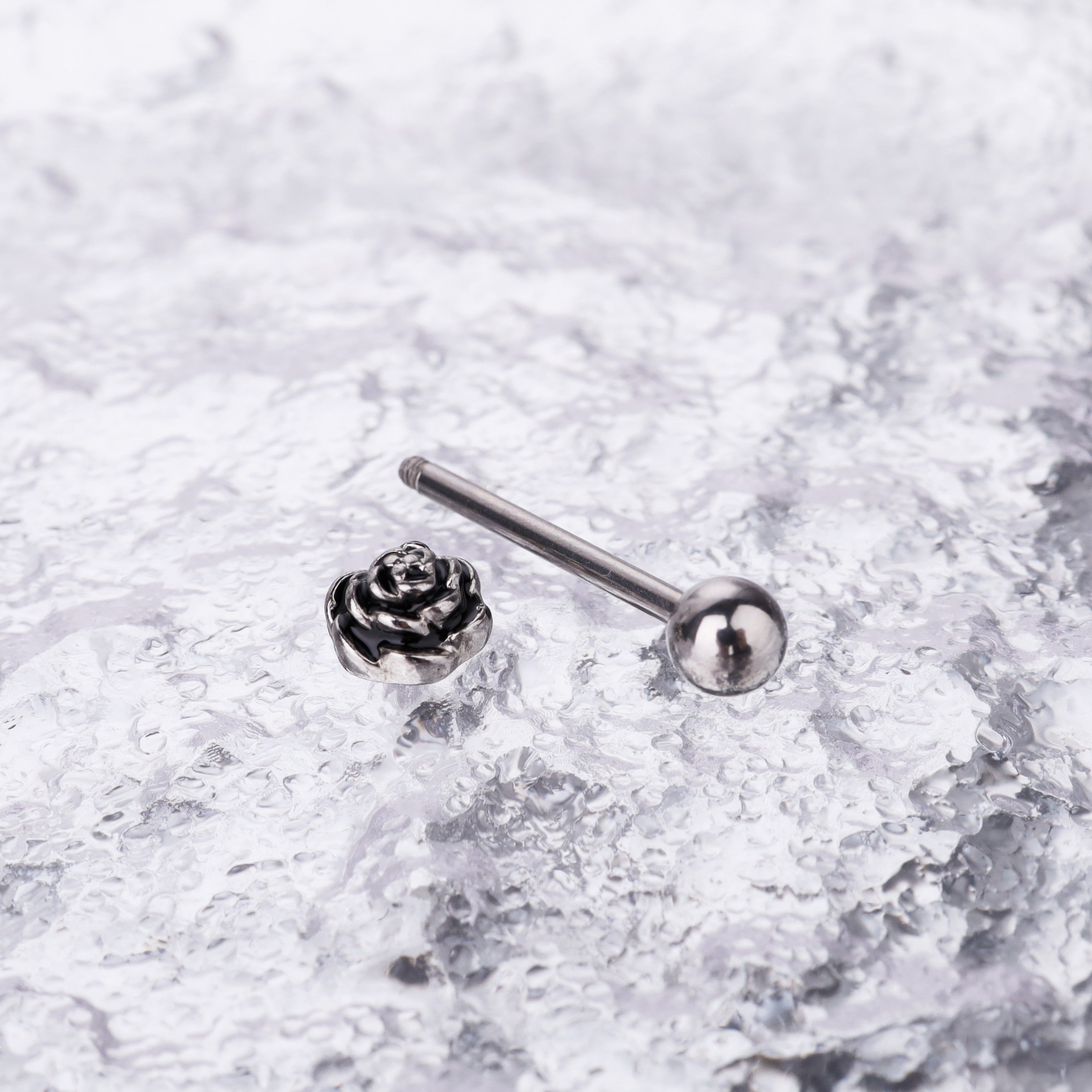 3D Rose Sterling Silver Tongue Stud - 3D Rose Sterling Silver Tongue Stud - 14 mm by CRUXJEWELRY