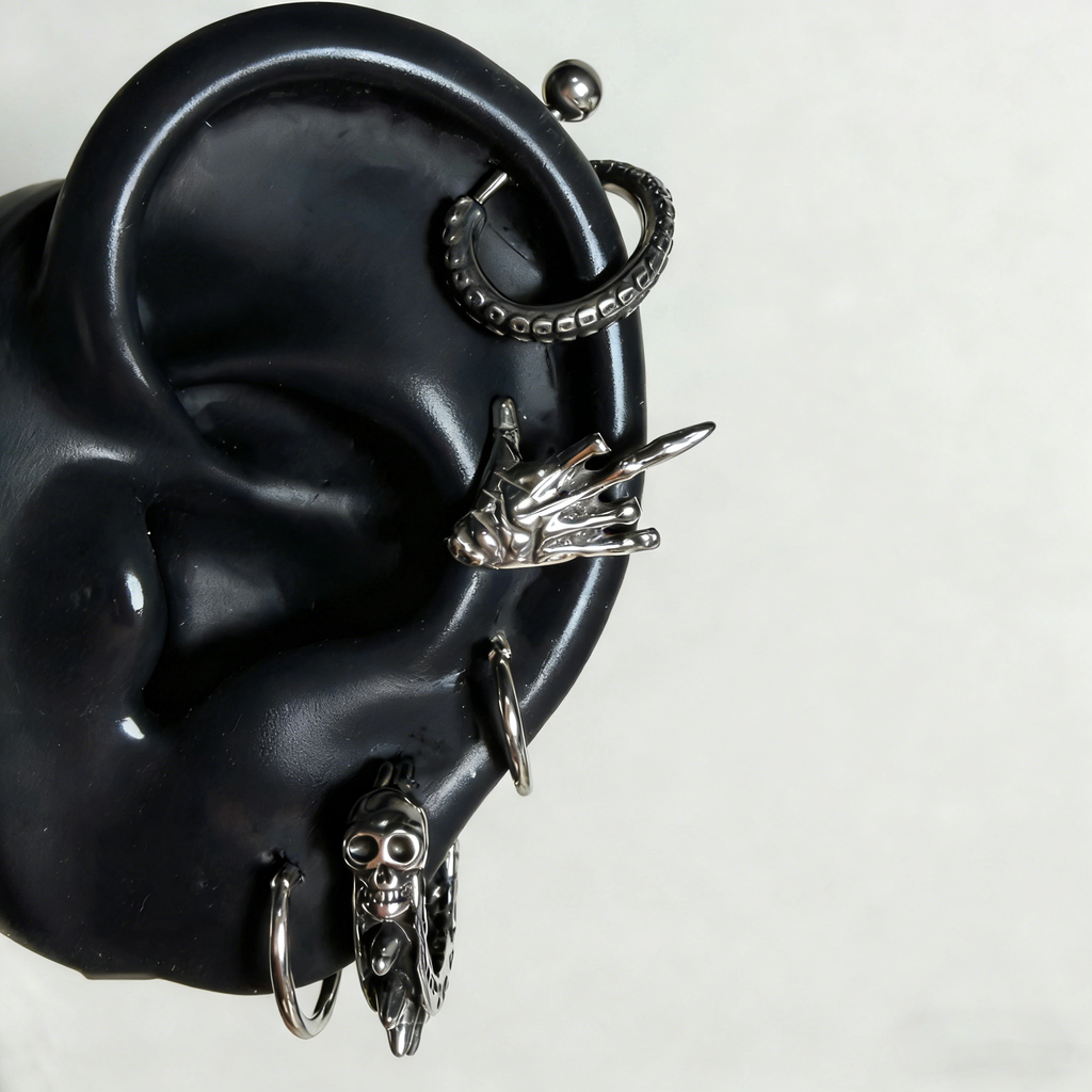 Heavy Metal Skeleton Ear Stack | Rock Hand, Tentacle & Spiked Skull Earrings Set