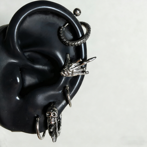 Heavy Metal Skeleton Ear Stack | Rock Hand, Tentacle & Spiked Skull Earrings Set - Crux Jewelry product image 1