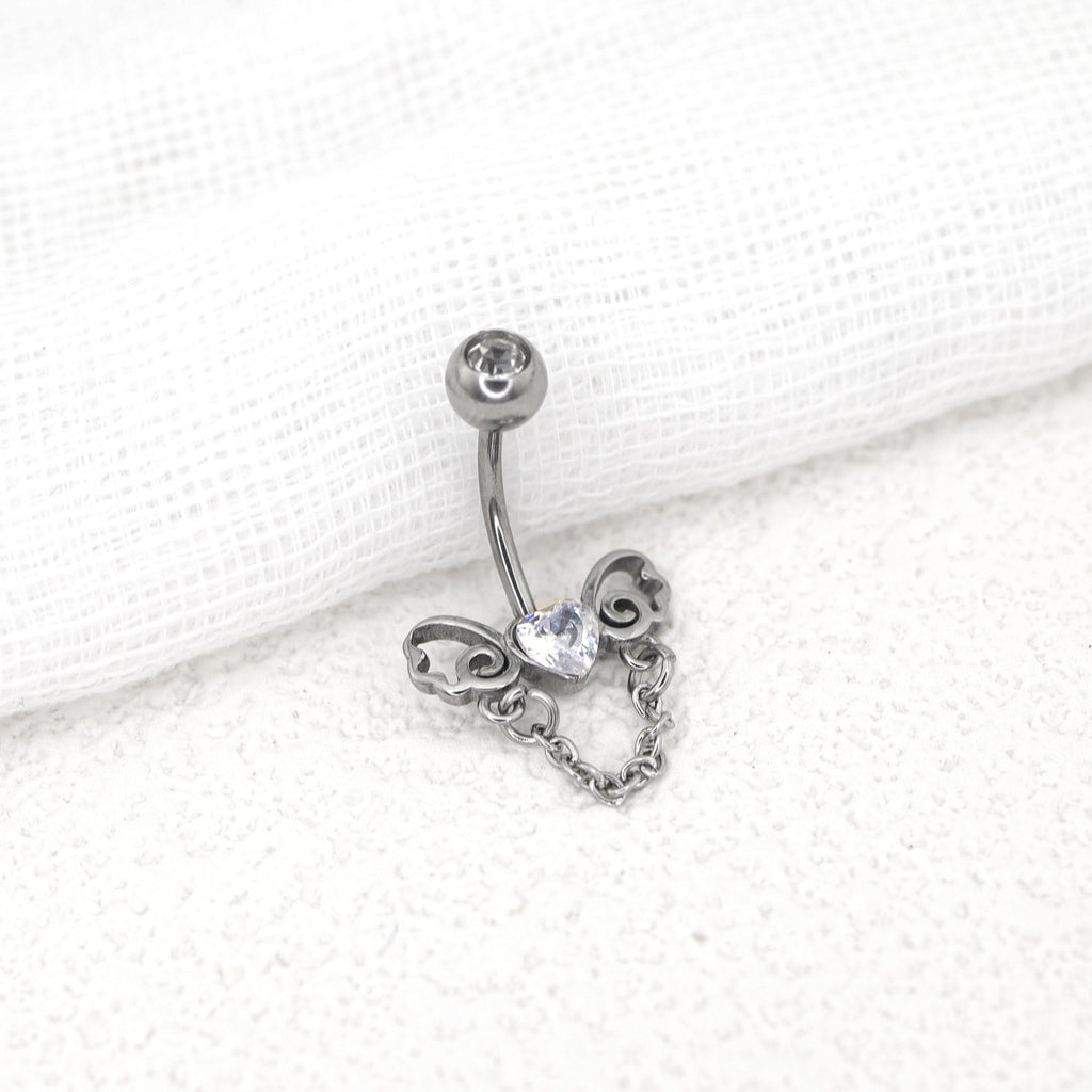 Heart-shaped CZ bow tie Dangle Belly Ring - Heart-shaped CZ bow tie Dangle Belly Ring - Default Title by CRUXJEWELRY