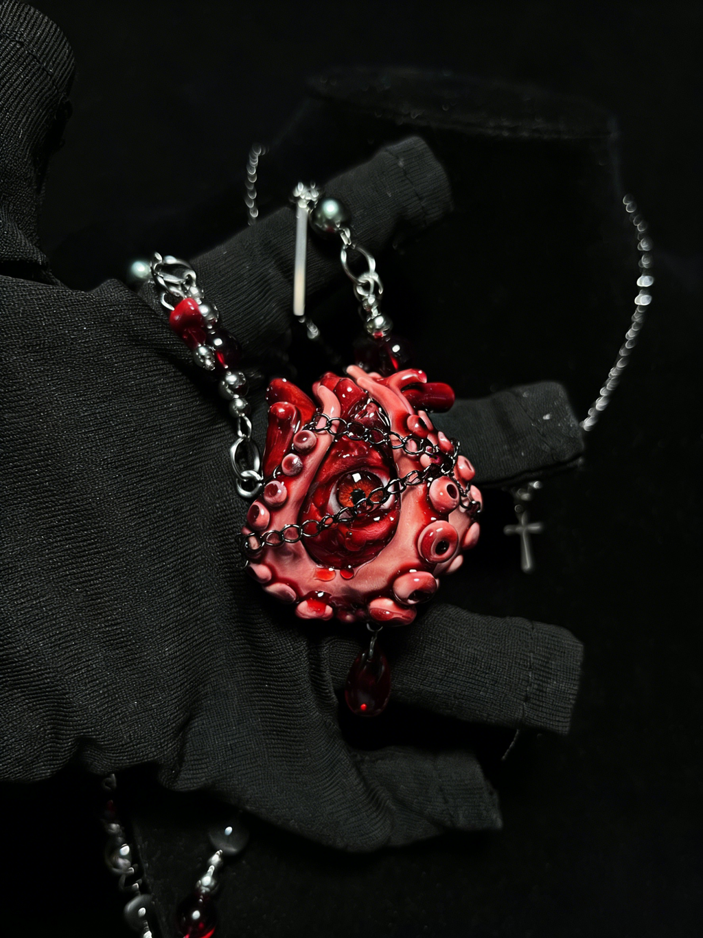 Cthulhu Eye" Red Tentacle Heart Layered Necklace - Silver Cross & Blood Beads