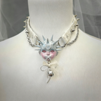 Pastel Goth Ice Blue Spiked Doll Face Choker with White Lace & Ribbon Pacifier