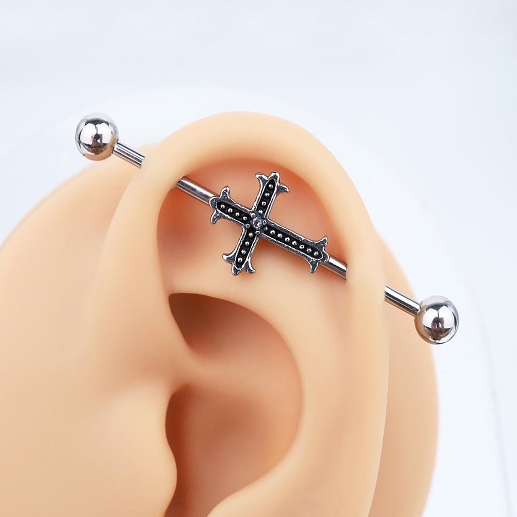 Crystal Cross Stainless Steel Industrial Barbell - Crystal Cross Stainless Steel Industrial Barbell - Default Title by CRUXJEWELRY