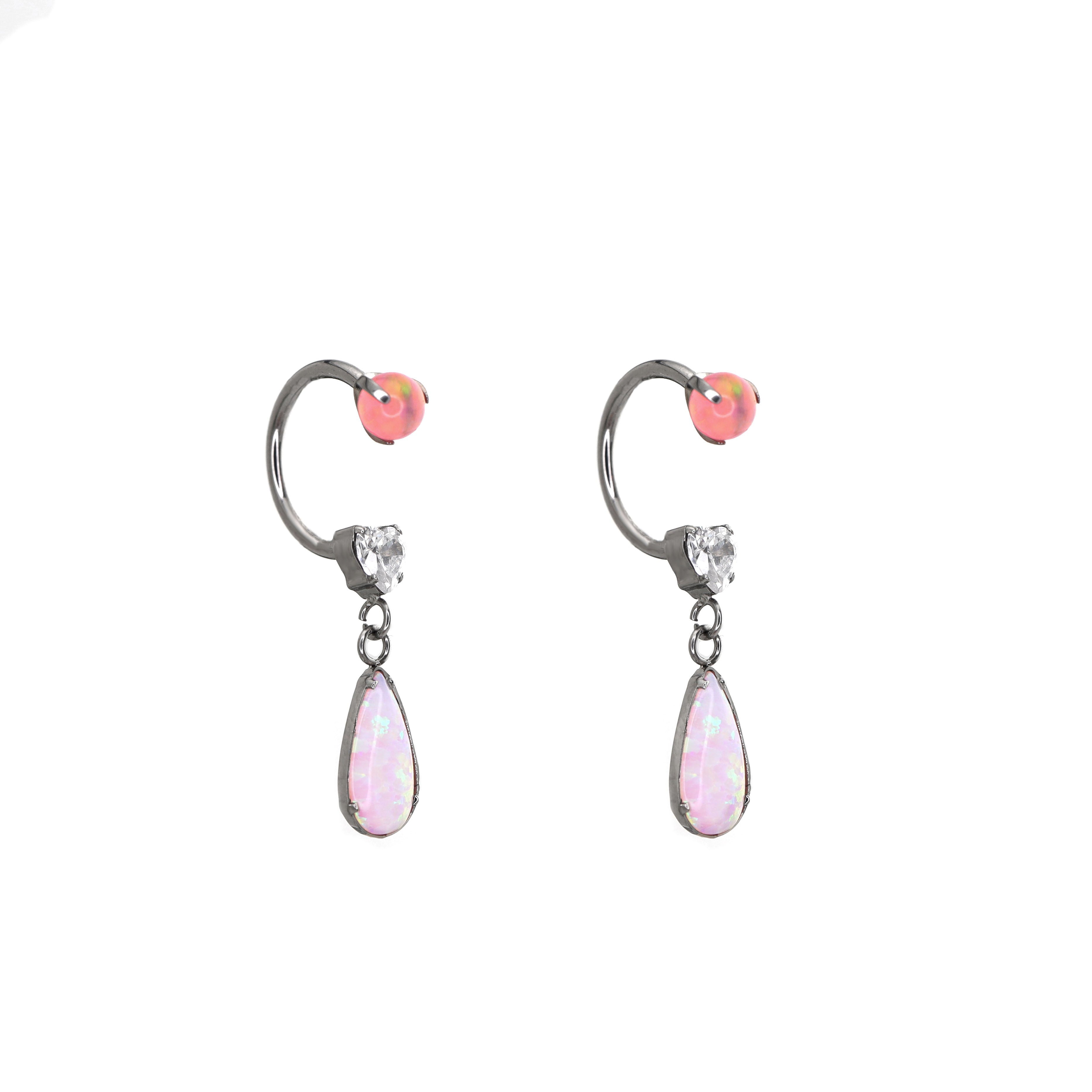 Pair of Heart Opal CZ Titanium Horseshoe Ring - Pair of Heart Opal CZ Titanium Horseshoe Ring - Light Cherry Blossom / 8mm by CRUXJEWELRY