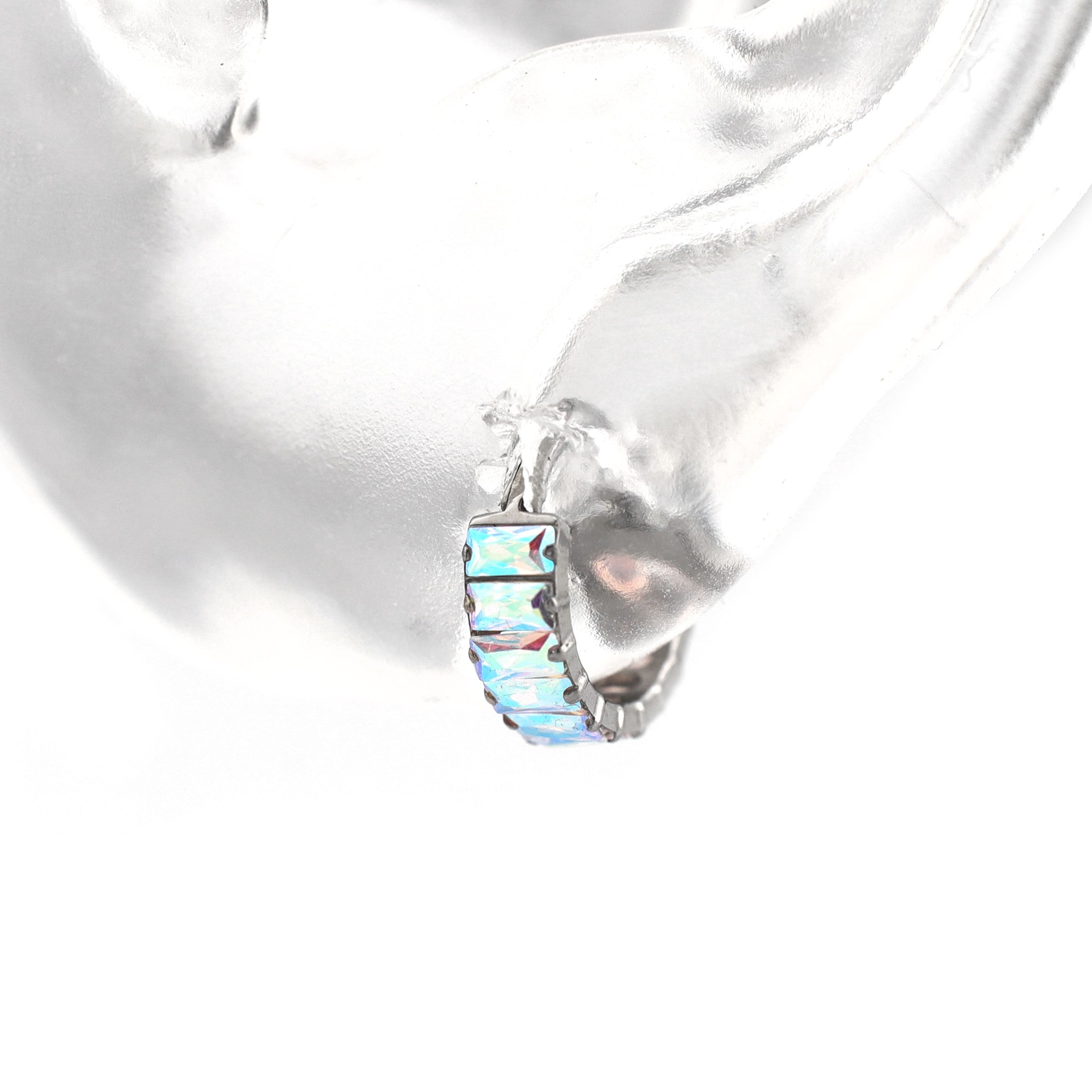 Iridescent Chunky Iced Out Square CZ Titanium Lobe Ring - Iridescent Chunky Iced Out Square CZ Titanium Lobe Ring - Misty Blue by CRUXJEWELRY