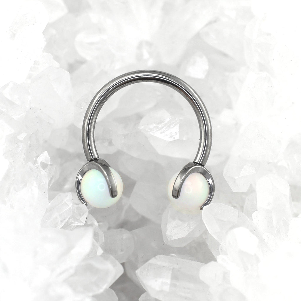 Iridescent Opal Internally Threaded Titanium Horseshoe Ring - Iridescent Opal Internally Threaded Titanium Horseshoe Ring - Pearl White / 8mm by CRUXJEWELRY