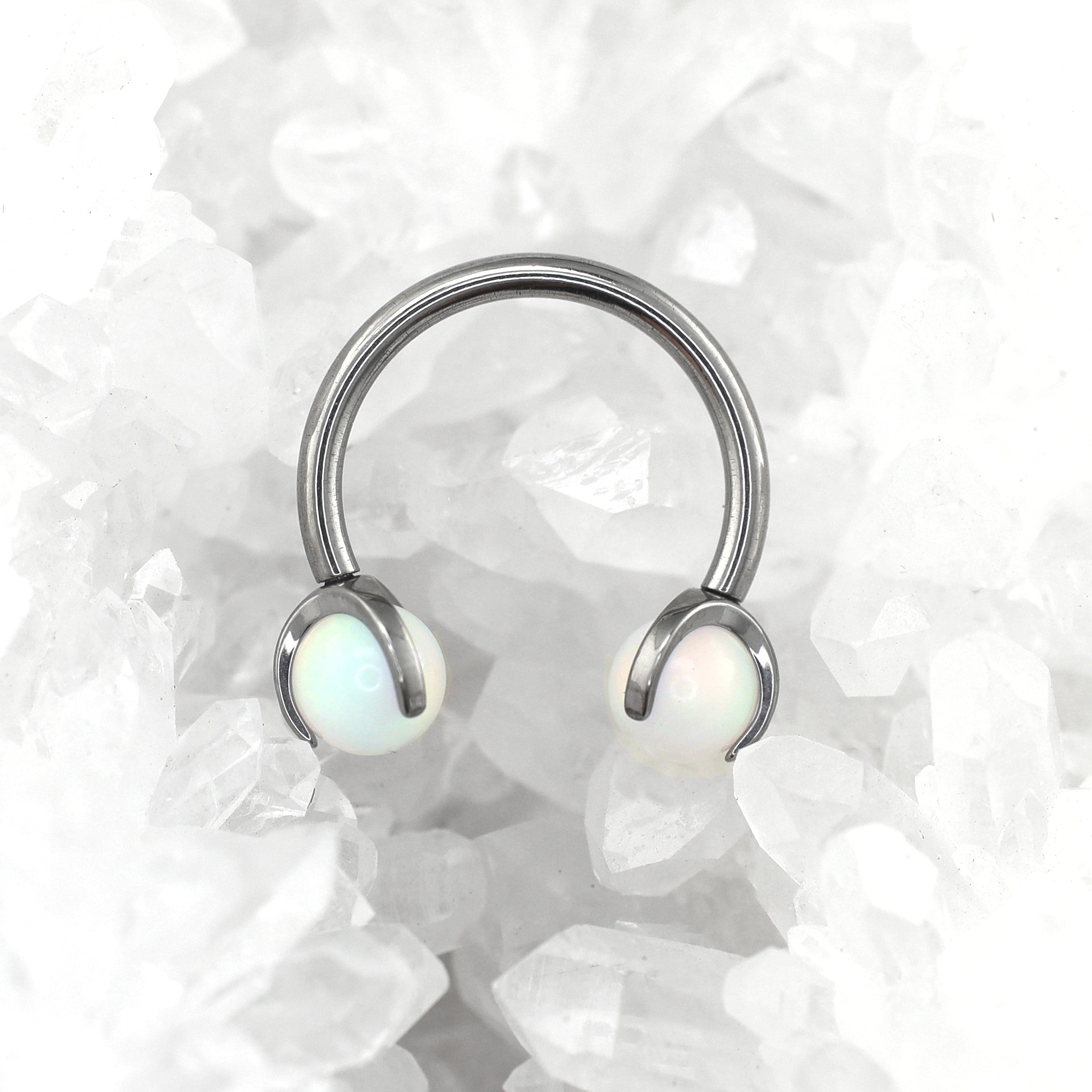 Iridescent Opal Internally Threaded Titanium Horseshoe Ring - Iridescent Opal Internally Threaded Titanium Horseshoe Ring - Pearl White / 8mm by CRUXJEWELRY