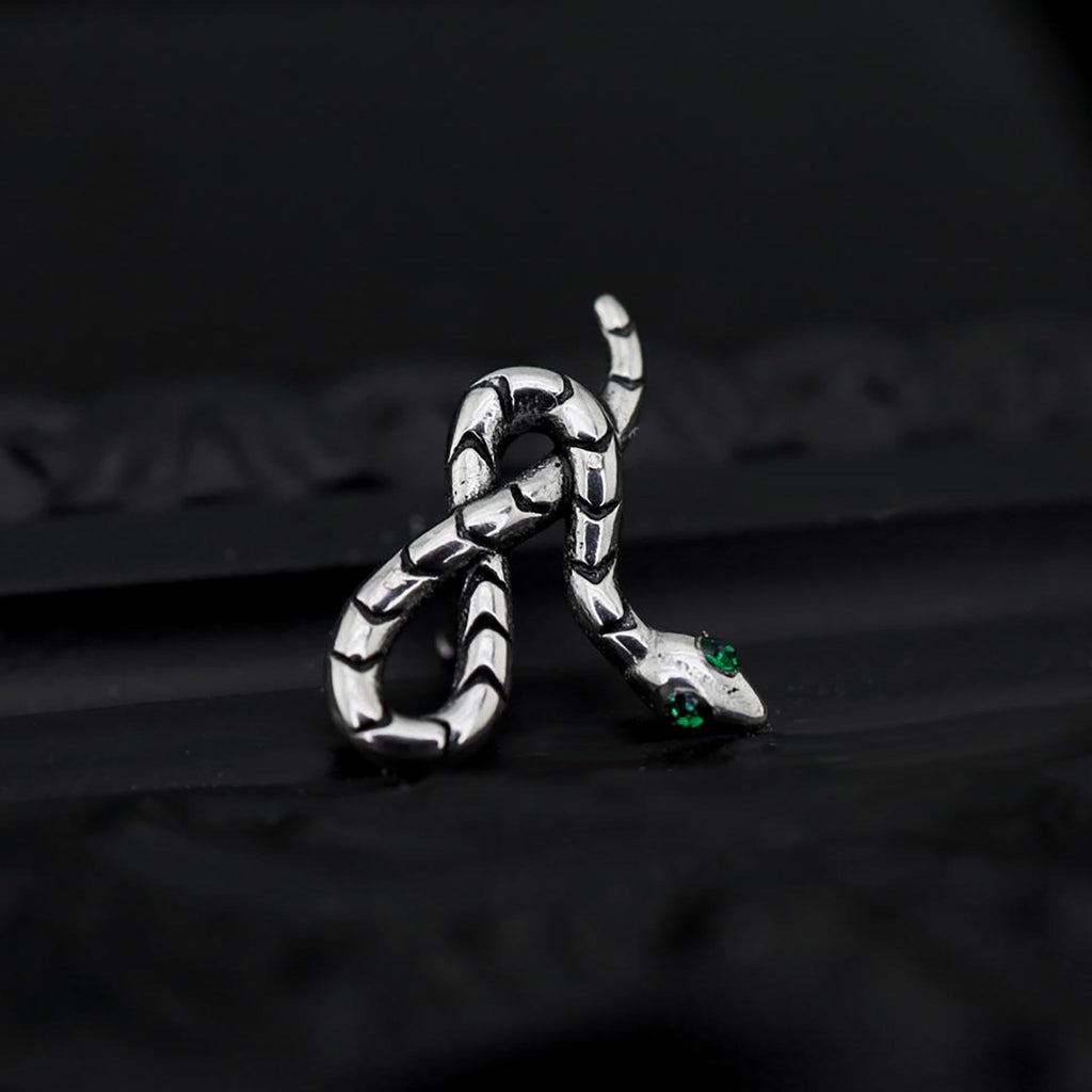 3D Green Eye Coiled Snake CZ Stainless Steel Ear Studs - 3D Green Eye Coiled Snake CZ Stainless Steel Ear Studs - Single by CRUXJEWELRY