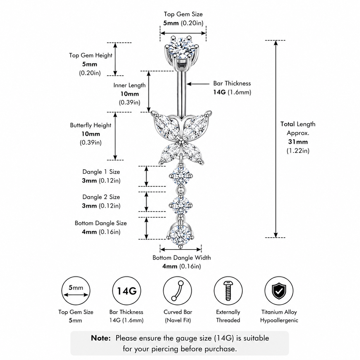 Butterfly Trail Titanium Belly Ring