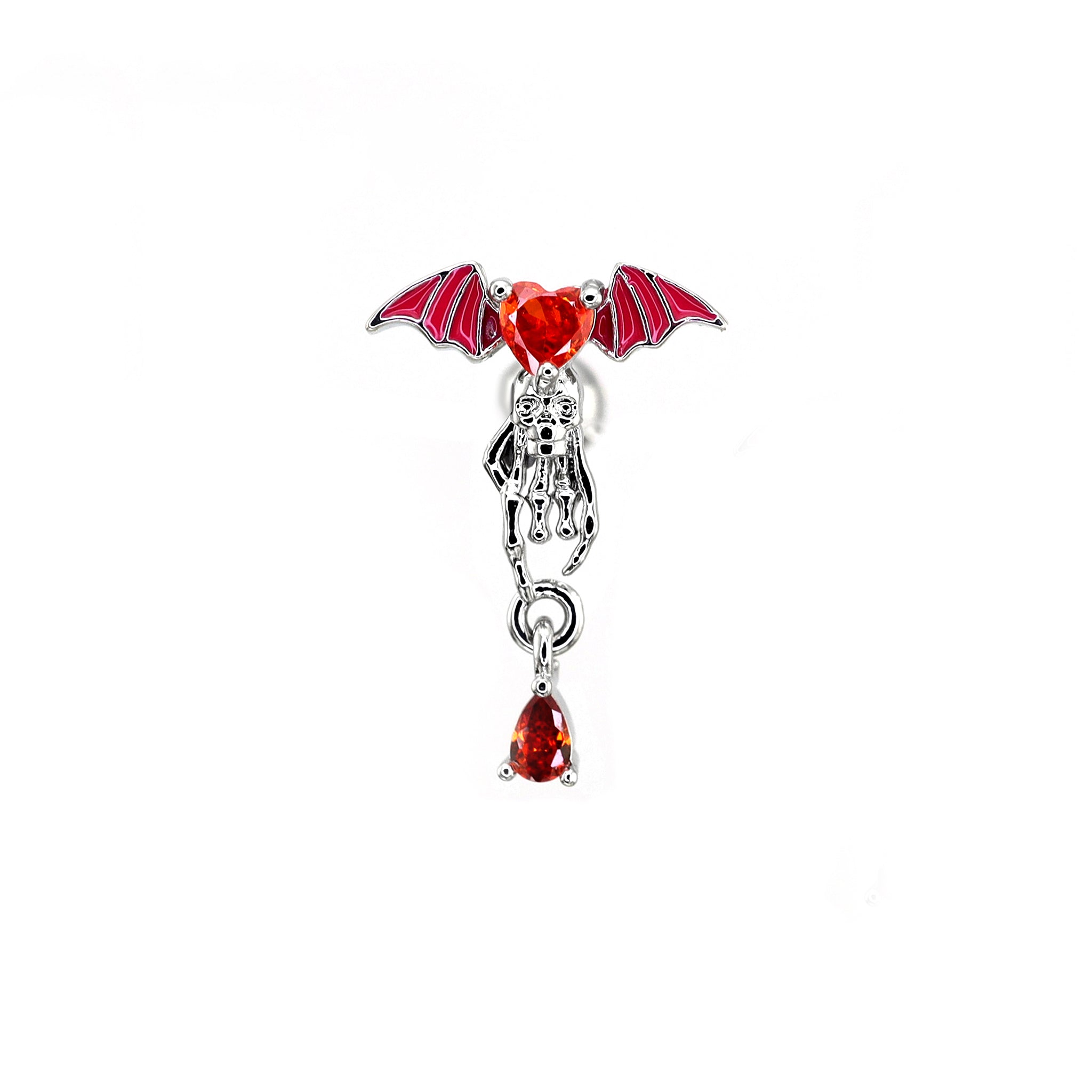Red CZ Bat & Skull Dangle white-gold-plated copper Ear Studs - Red CZ Bat & Skull Dangle white-gold-plated copper Ear Studs - Single by CRUXJEWELRY