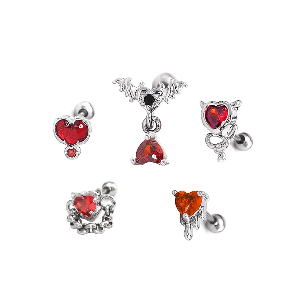 5PCS Red CZ Demon Stainless Steel Ear Studs SET - 5PCS Red CZ Demon Stainless Steel Ear Studs SET - Default Title by CRUXJEWELRY