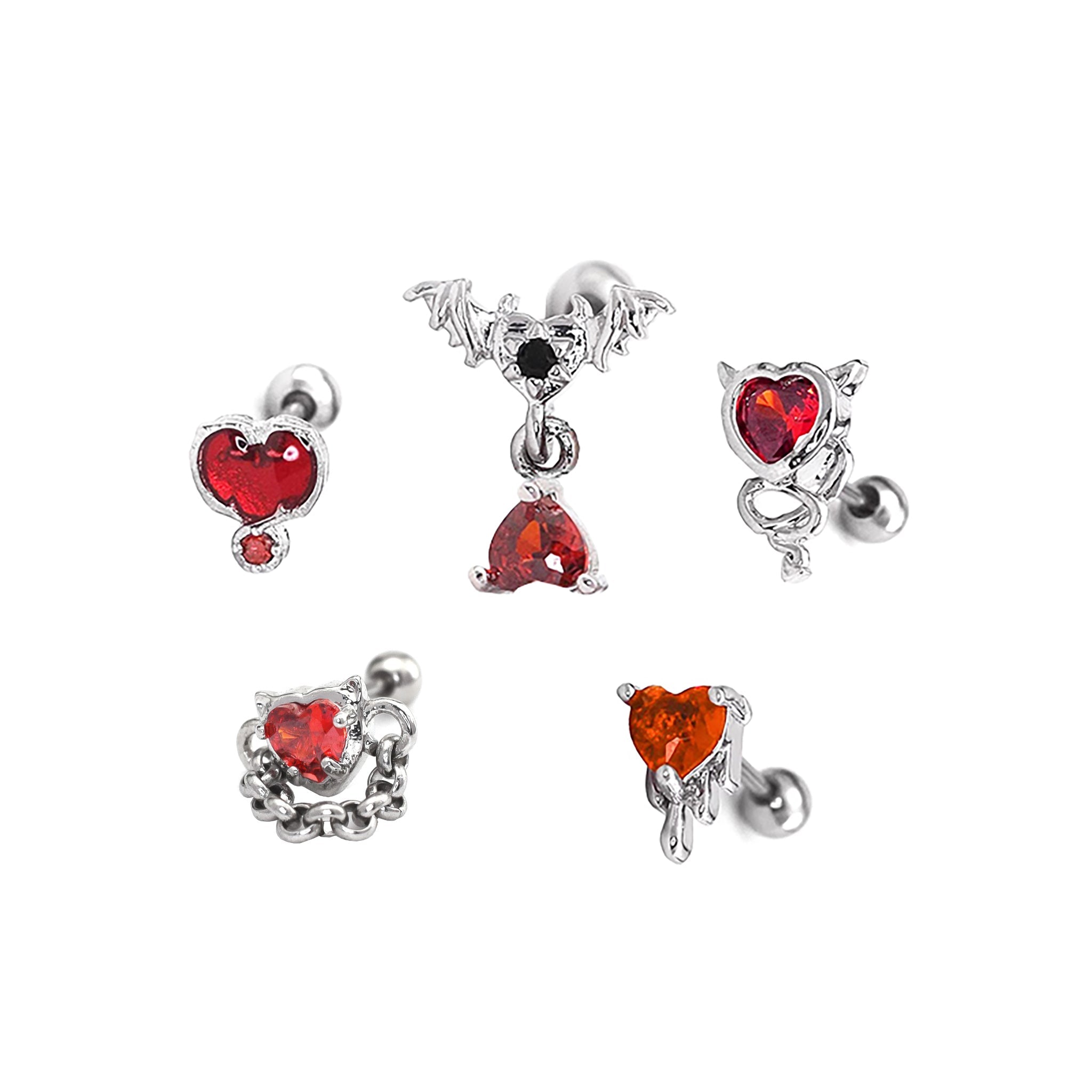 5PCS Red CZ Demon Stainless Steel Ear Studs SET - 5PCS Red CZ Demon Stainless Steel Ear Studs SET - Default Title by CRUXJEWELRY