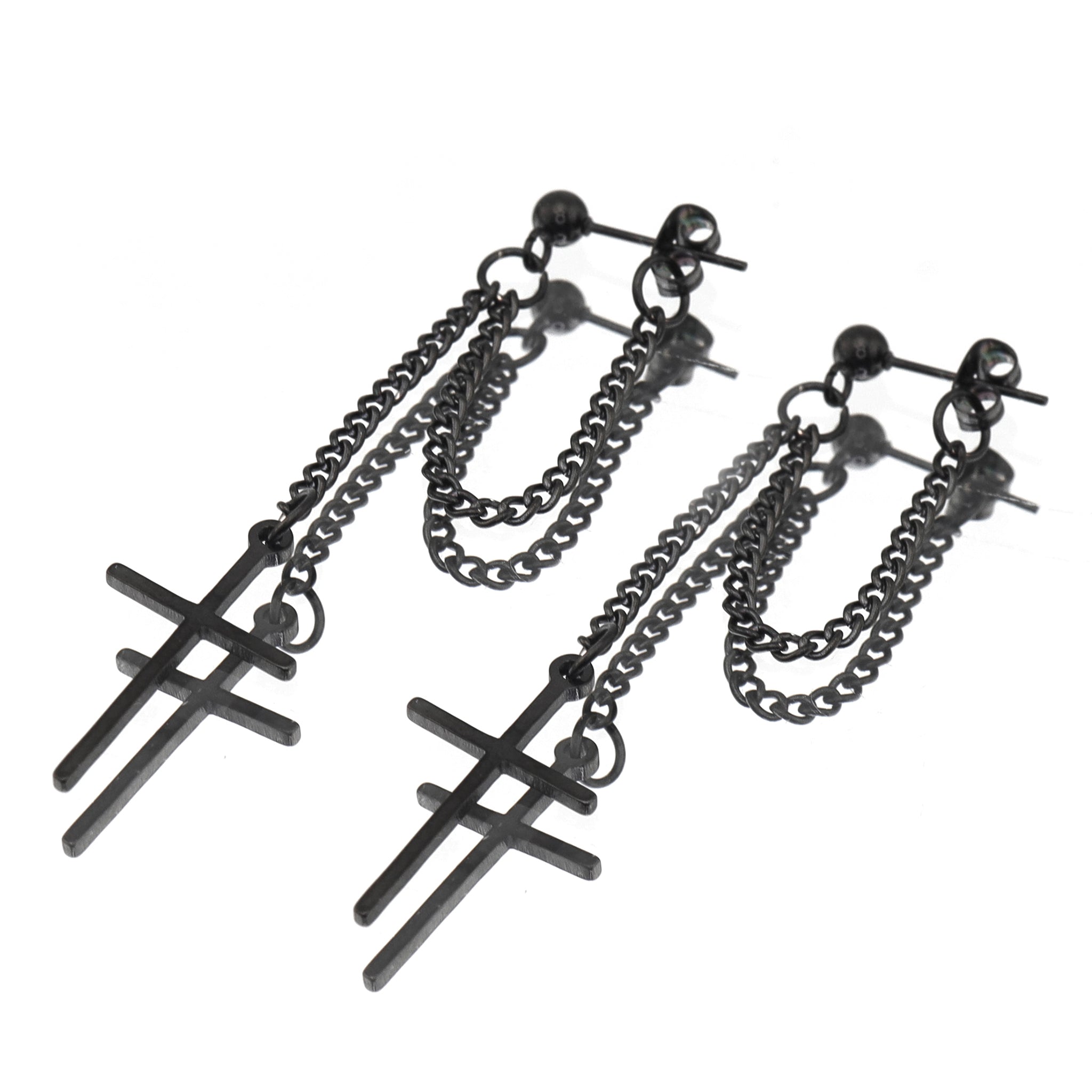 Silver & Black Cross Drop Chain Stainless steel Ear Studs - Silver & Black Cross Drop Chain Stainless steel Ear Studs - Black / Set by CRUXJEWELRY