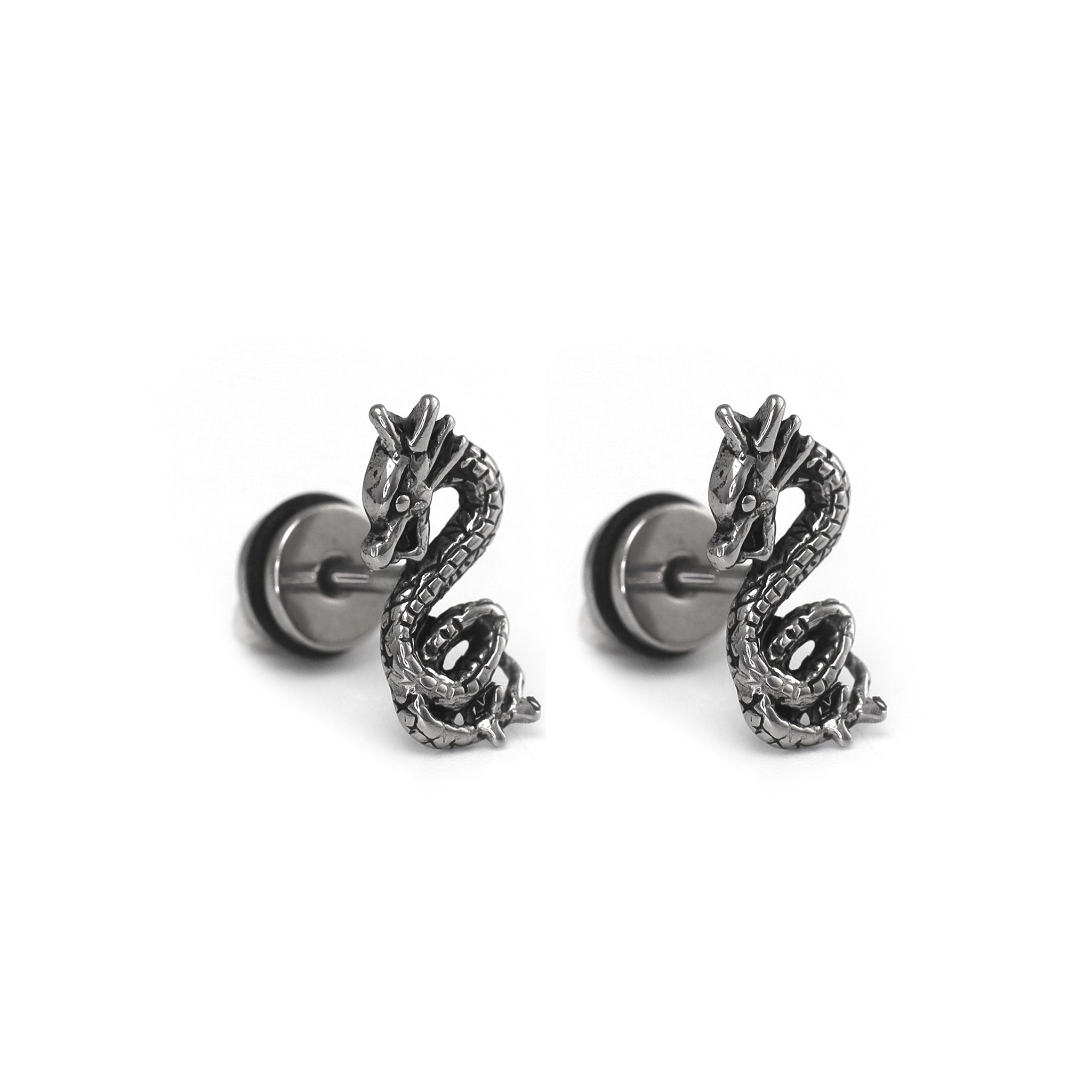 PAIR OF Engraved Dragon Silver & Black Externally Threaded Stainless Steel Ear Studs - PAIR OF Engraved Dragon Silver & Black Externally Threaded Stainless Steel Ear Studs - Pair of Silver by CRUXJEWELRY