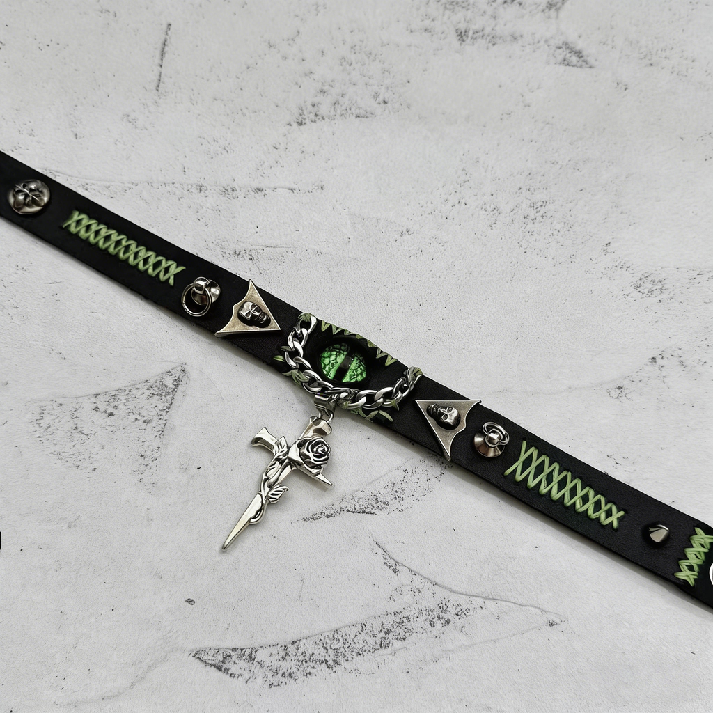 2-in-1 Gothic Black Leather Choker & Wrap Bracelet - Green Dragon Eye Necklace - Gun & Rose Charm - Toxic Punk Style