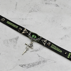 2-in-1 Gothic Black Leather Choker & Wrap Bracelet - Green Dragon Eye Necklace - Gun & Rose Charm - Toxic Punk Style