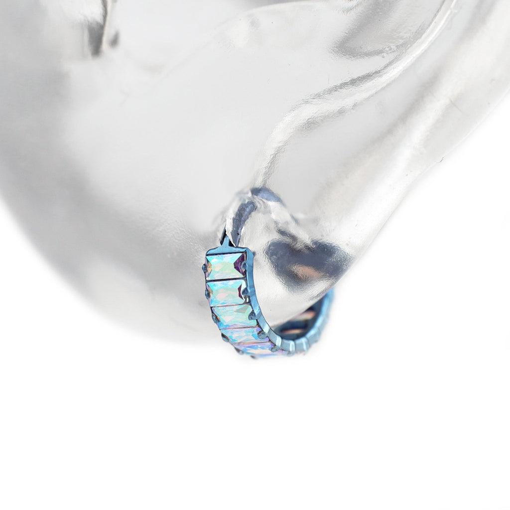 Iridescent Chunky Iced Out Square CZ Titanium Lobe Ring - Iridescent Chunky Iced Out Square CZ Titanium Lobe Ring - Nebula Blue by CRUXJEWELRY