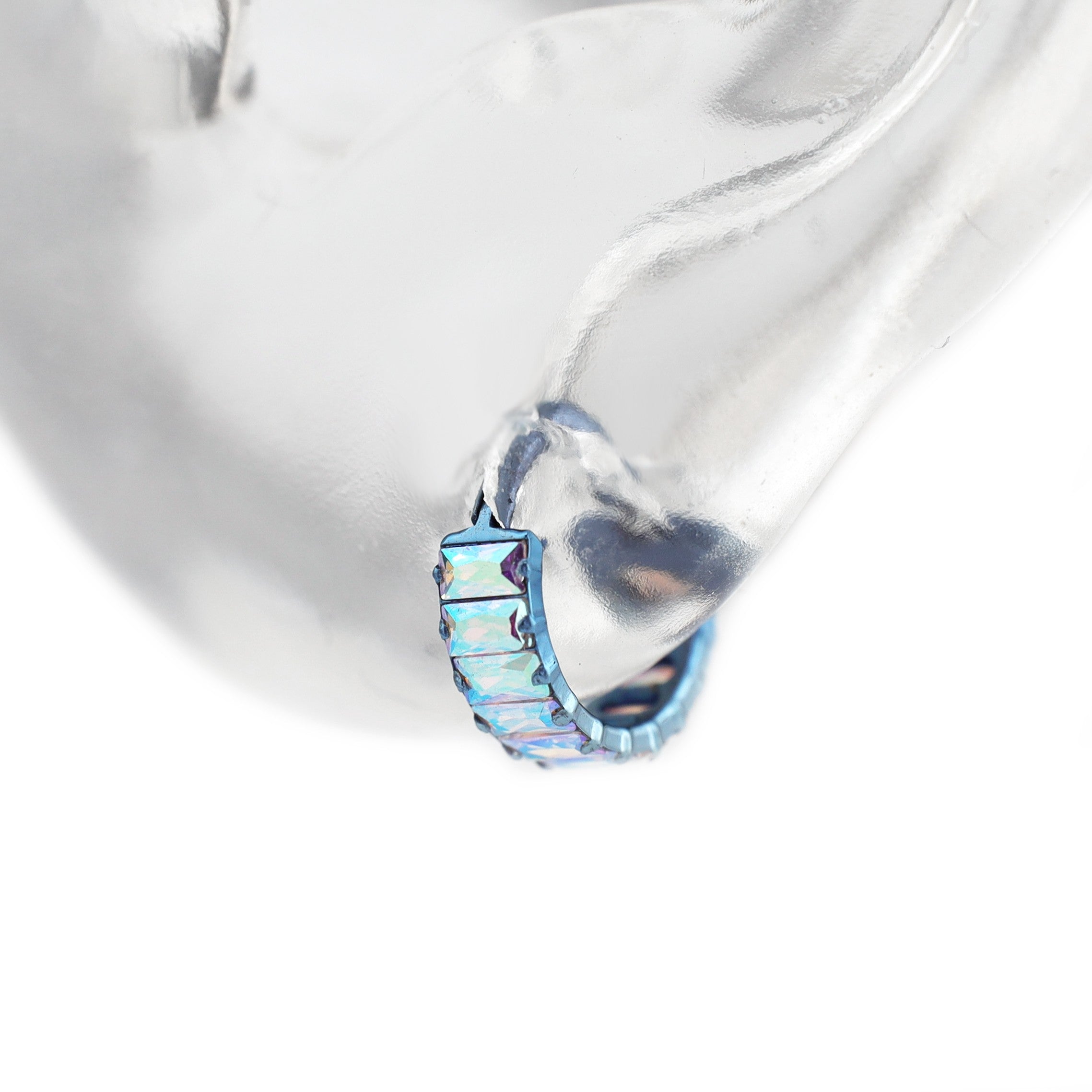 Iridescent Chunky Iced Out Square CZ Titanium Lobe Ring - Iridescent Chunky Iced Out Square CZ Titanium Lobe Ring - Nebula Blue by CRUXJEWELRY