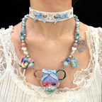 Sweet Lolita Pastel Doll Face Necklace with Rainbow Lollipop & Blue Gingham Bows