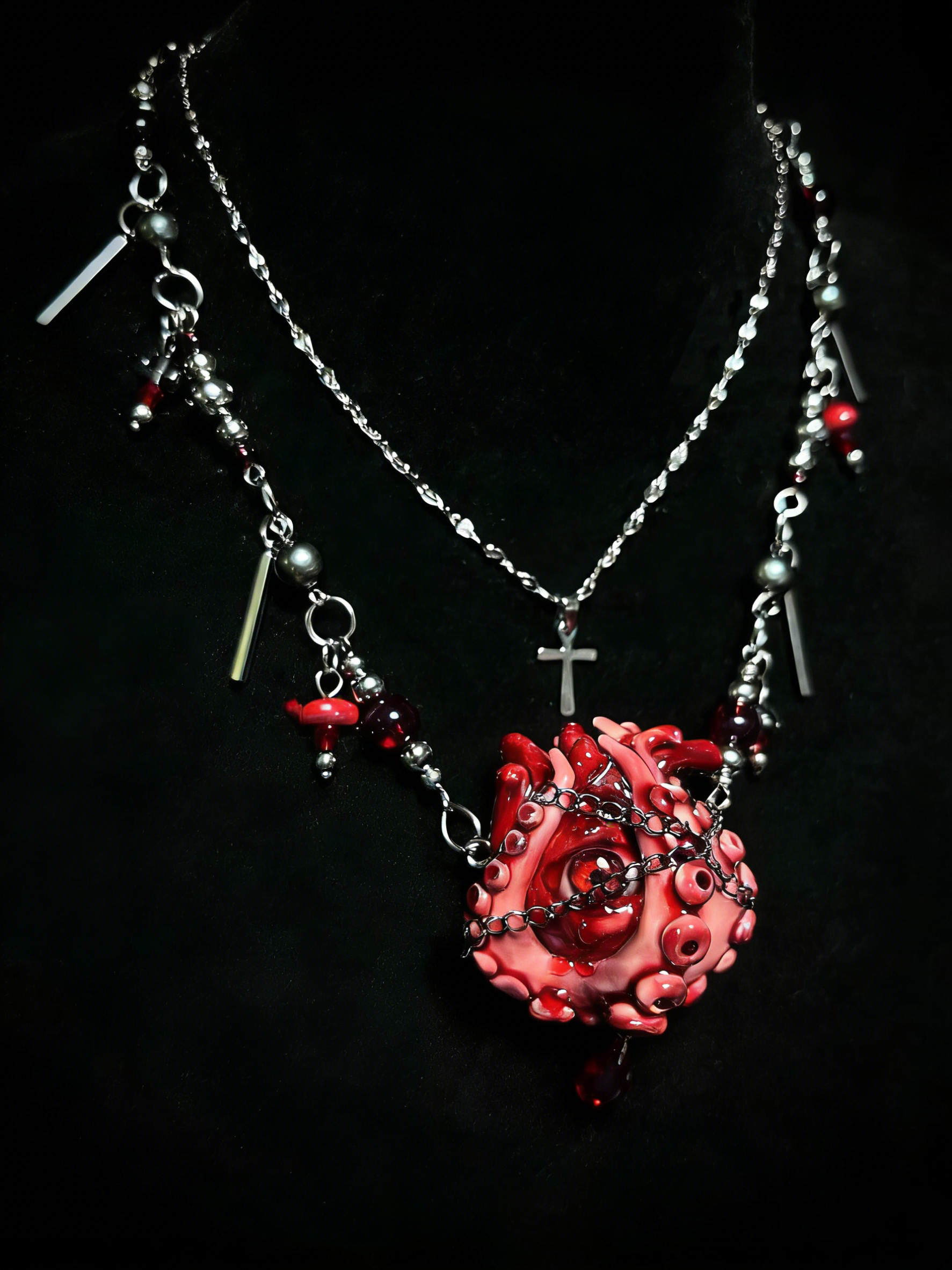 Cthulhu Eye" Red Tentacle Heart Layered Necklace - Silver Cross & Blood Beads