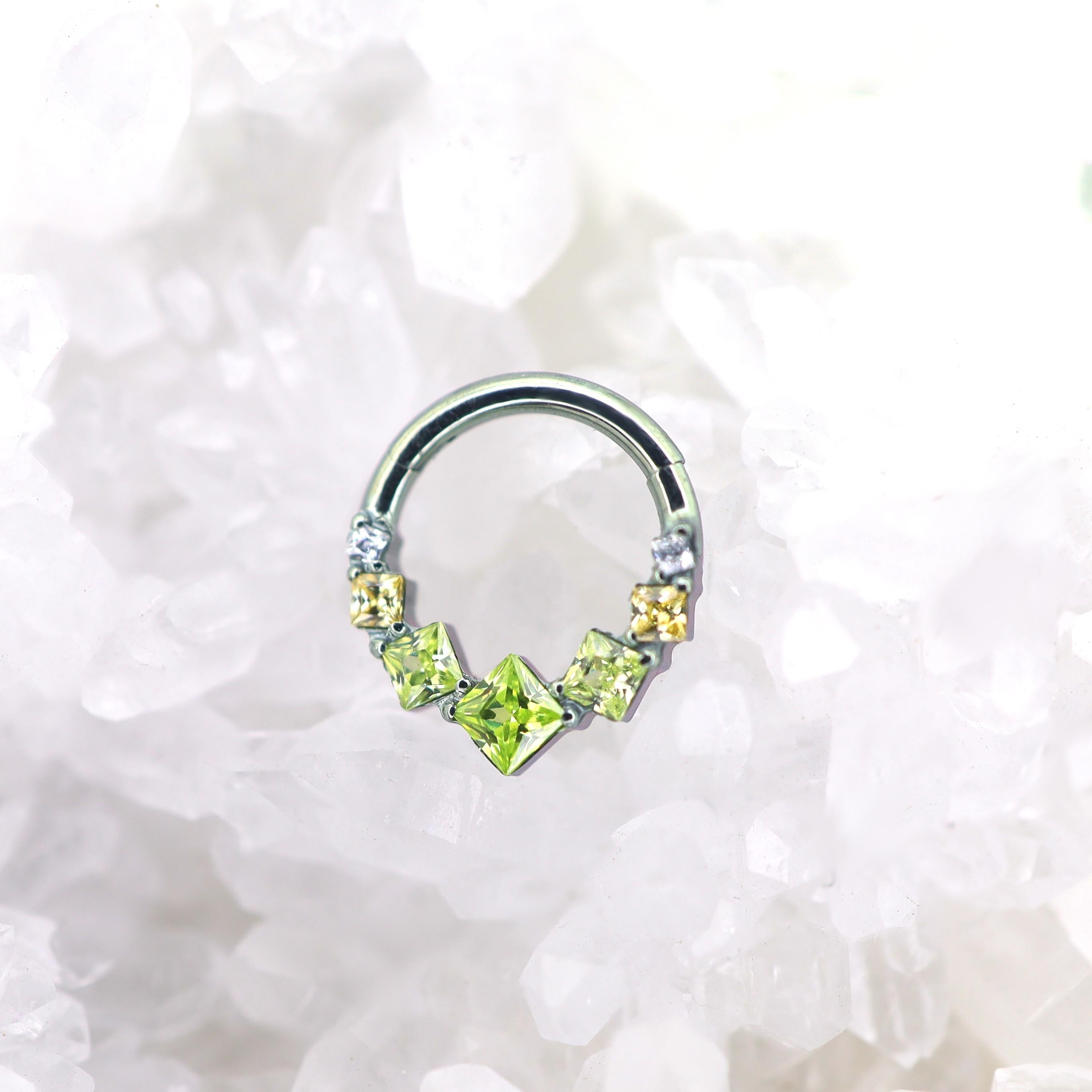 Square-Shaped Rainbow CZ Titanium Segment Hoop - Square-Shaped Rainbow CZ Titanium Segment Hoop - Light Green by CRUXJEWELRY